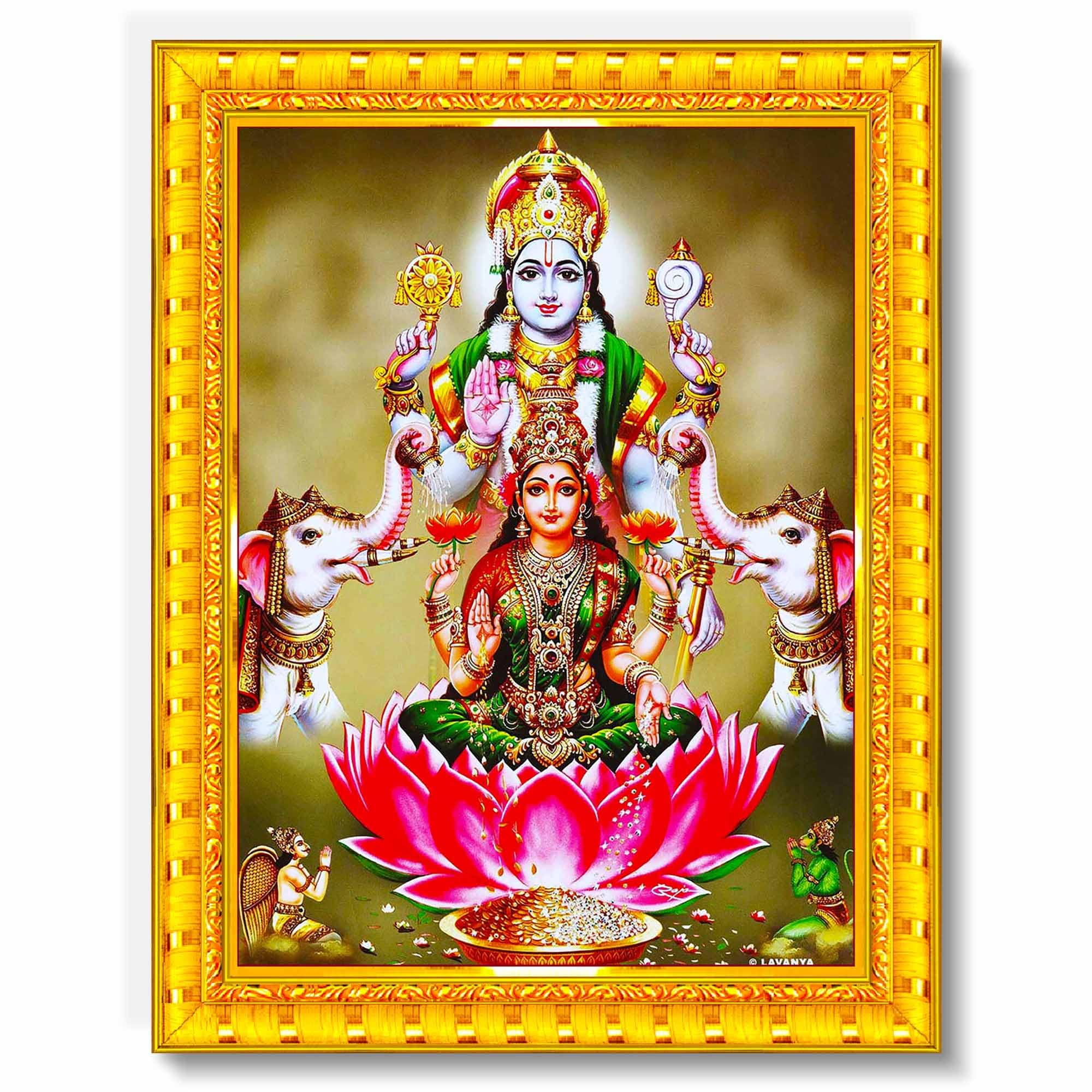 Pavan Photo Laminations Lord Vishnu Dev Lakshmi Devi Laxmi Narayan Ji Wall Painting Framed Home Decor (Wood,Matte,Gold,Big Size,10 x 12 Inch) R586M