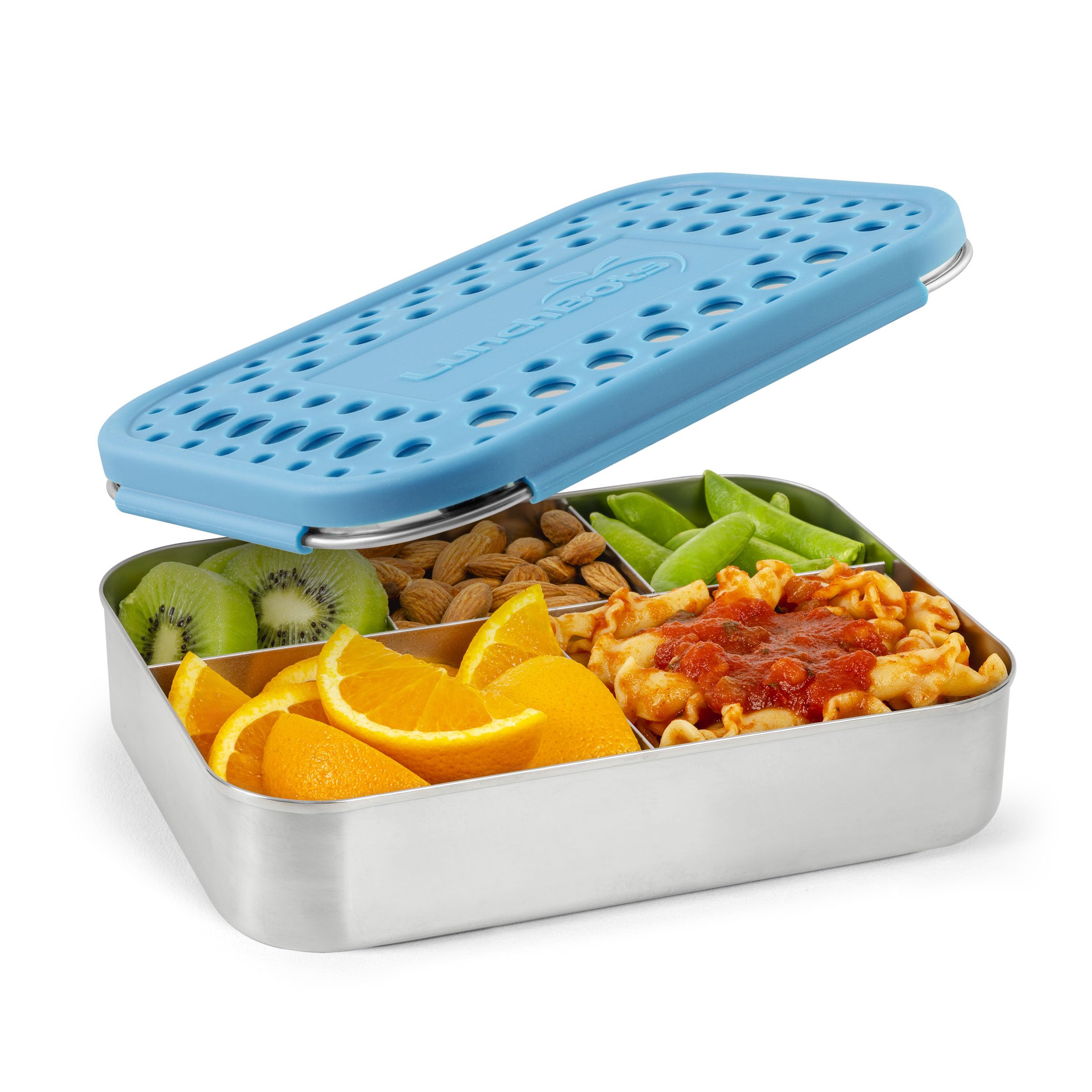LunchBots Large Cinco Stainless Steel Lunch Container - Five Section Design Holds a Variety of Foods - Metal Bento Box - Dishwasher Safe - Stainless Lid - Aqua Dots