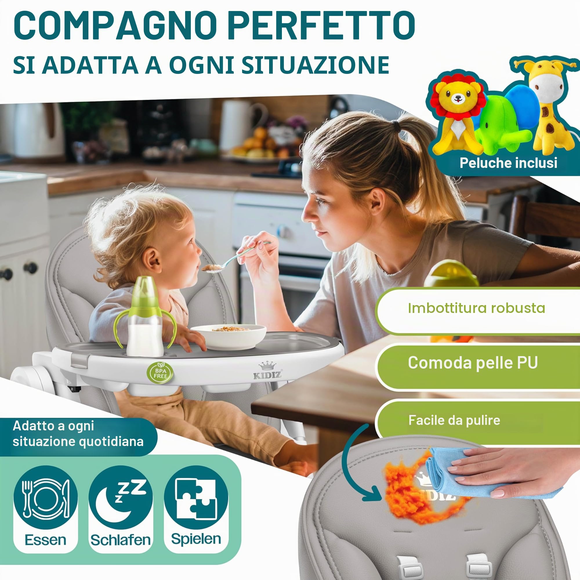 KIDIZ® 3 in 1 Seggiolone Seggiolone per bambini con barra dei giochi, Lettino per bambini, Seggiolone combinato Seggiolone per bambini, Schienale regolabile in 7 diverse altezze, grigio chiaro