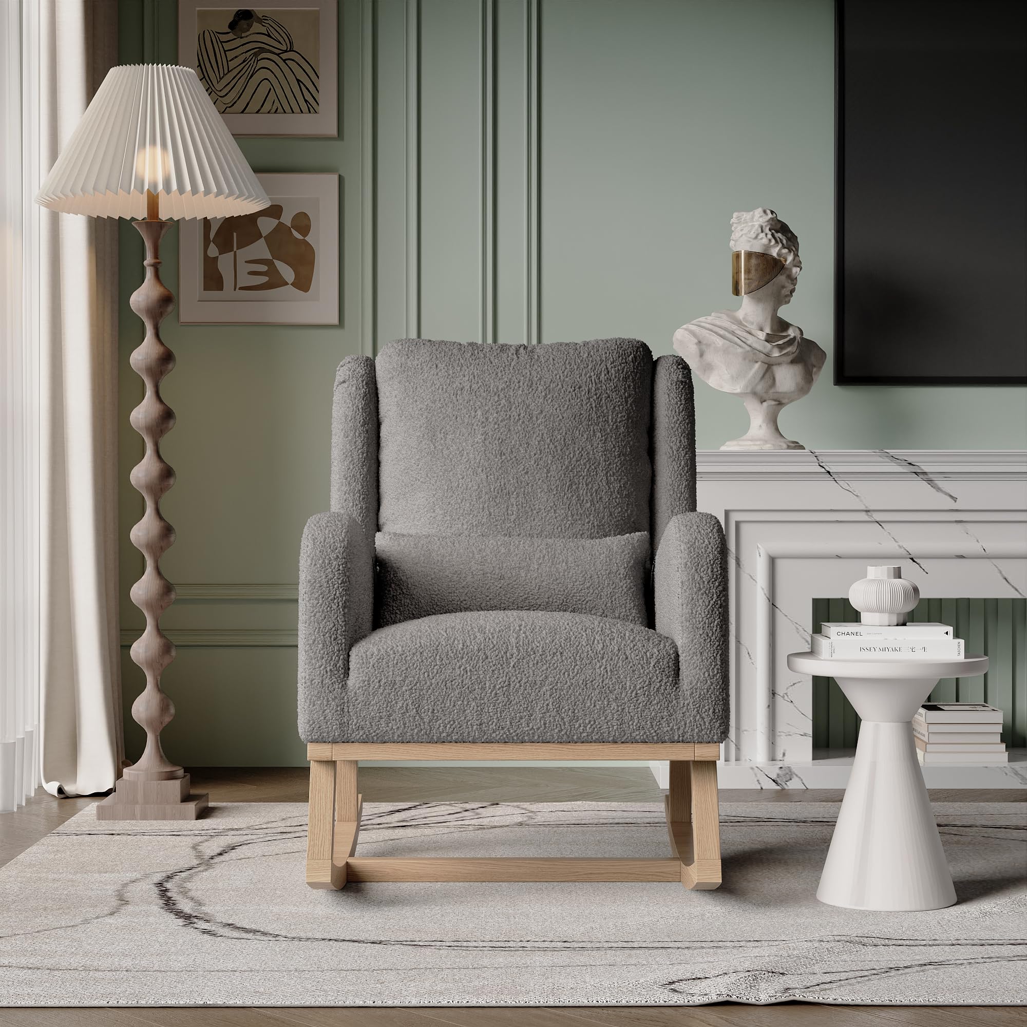 Fauteuil d'allaitement, Fauteuil a Bascule avec Dossier Haut, Coussin Lombaire et Poche Latérale, Chaise Allaitement Chambre Bebe Rocking Chair Bois Interieur pour Salon, Coucher, Tissu en Velours
