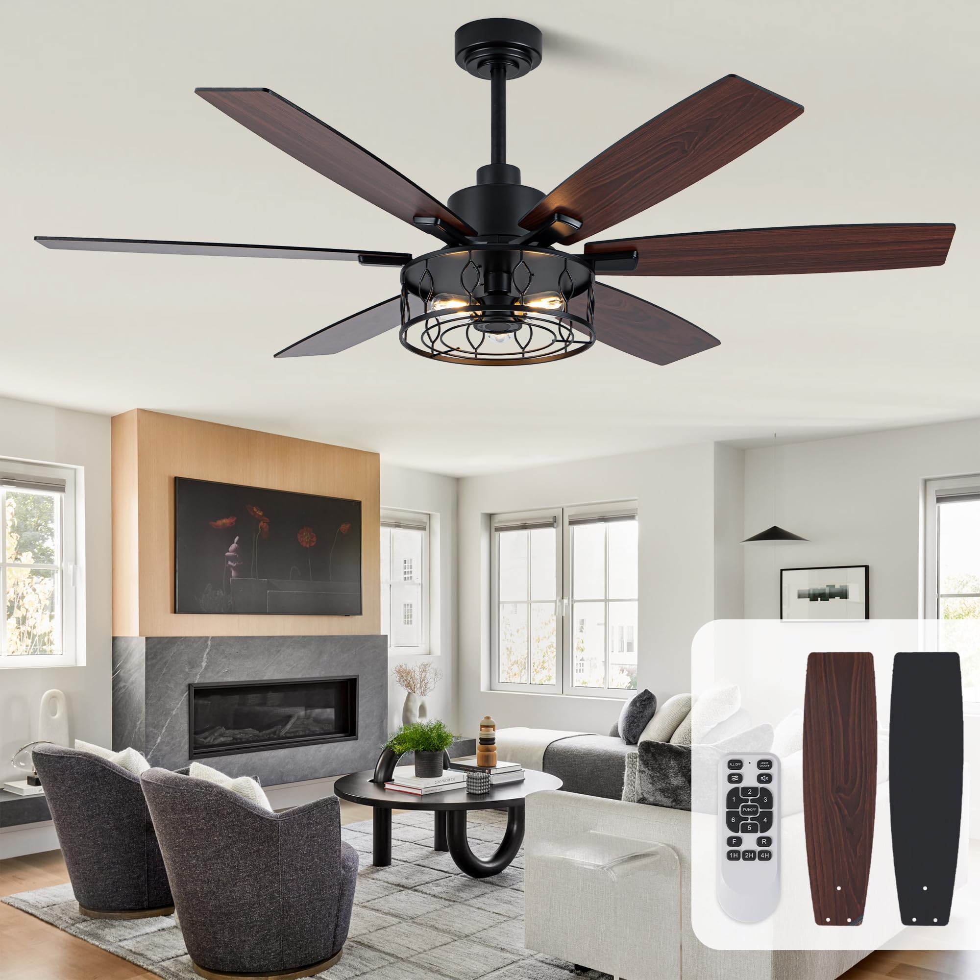 Black Farmhouse Ceiling Fans with Lights and Remote, 60 Inch Rustic Caged Ceiling Fan Light Fixture with 6 Speeds 3 Timing, Double Finish Wood Blades for Bedroom Living Room Kitchen