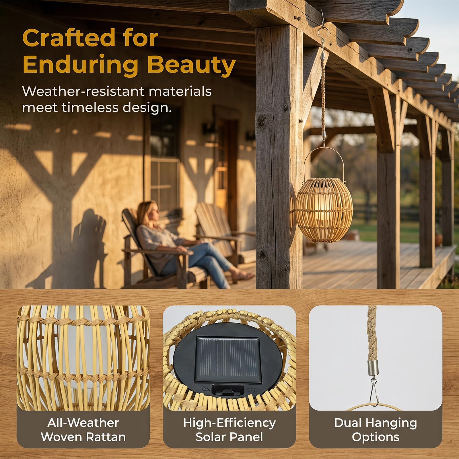 Lampes solaires d'extérieur en bambou tissé à suspendre pour l'extérieur, lanterne solaire à suspendre avec poignée en fer et chaîne en corde de chanvre, lampes solaires de jardin pour cour, balcon