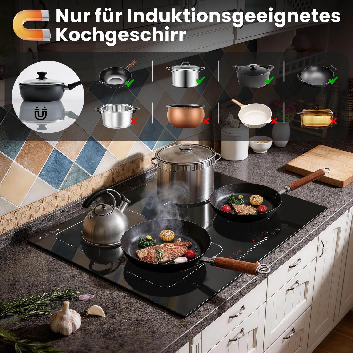 Karinear Induktionskochfeld 60 cm, 4 Platten 7200W, Flex Zone, Boost | Slider-Touch, Autark Induktionskochfeld 60 cm, Kochfeld Induktion mit FlexZone, Boost, Timer, Sicherheitsfunktionen, 240V