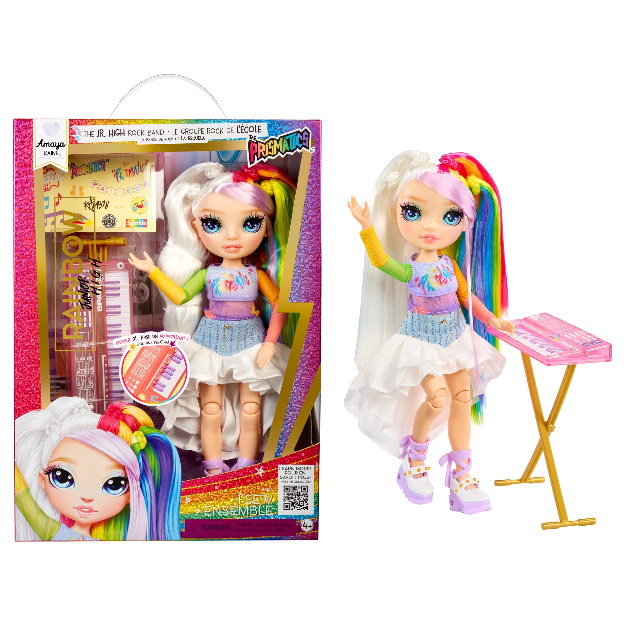 Rainbow High Junior High Rock Band - Amaya, Regenbogenfarben - 23 cm Modepuppe mit Keyboard, Individuell mit Aufklebern Gestaltbar, Beweglich, Süßes Spielzeug für Kinder ab 4 Jahren