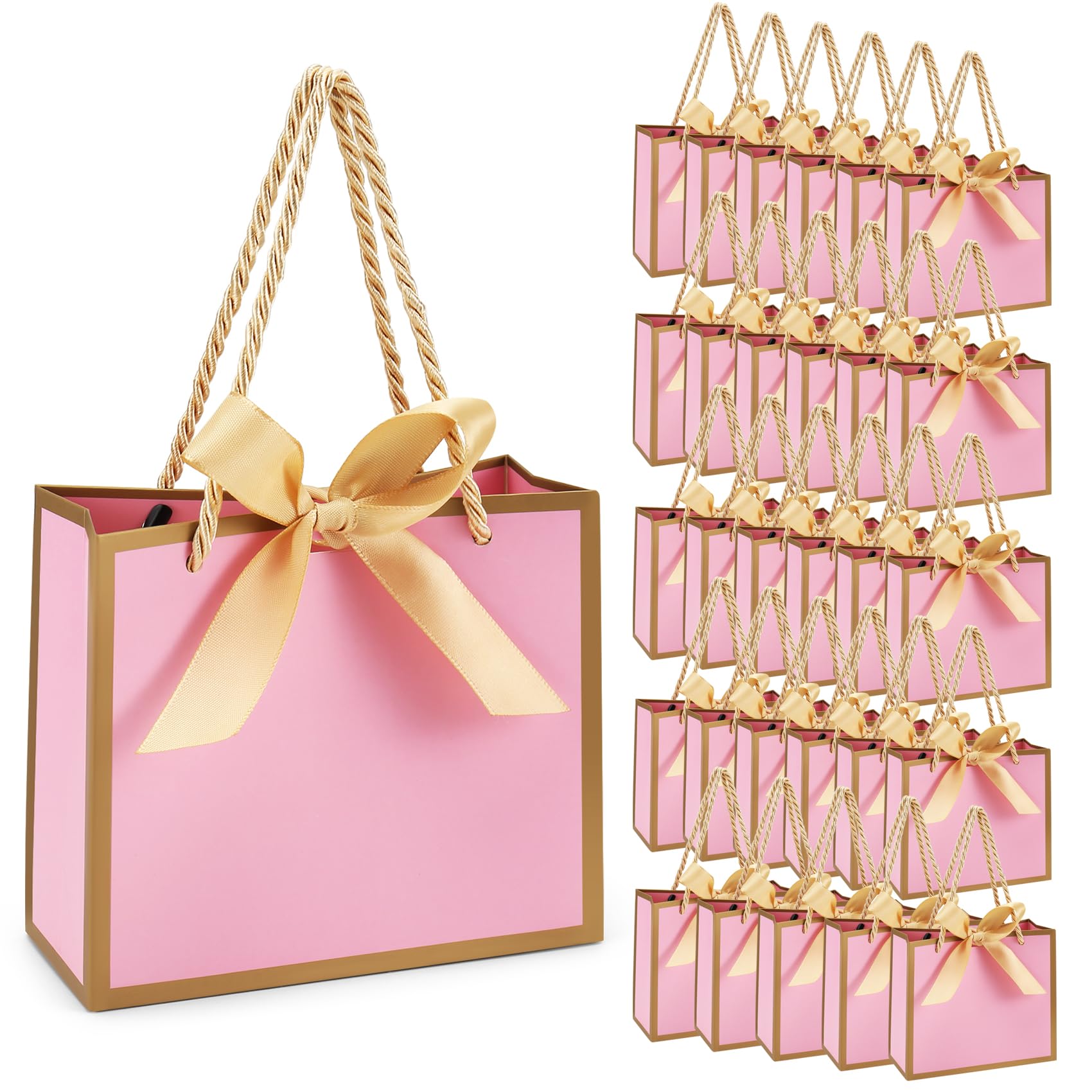 Yocdunm 30 Pcs with Bow Ribbons, 14x6x12 cm/5.51× 2.36× 4.72 inches Mini Party Favour Bags with Handles for Birthdays, Wedding Party, Bridal Shower, Baby Shower (Pink)