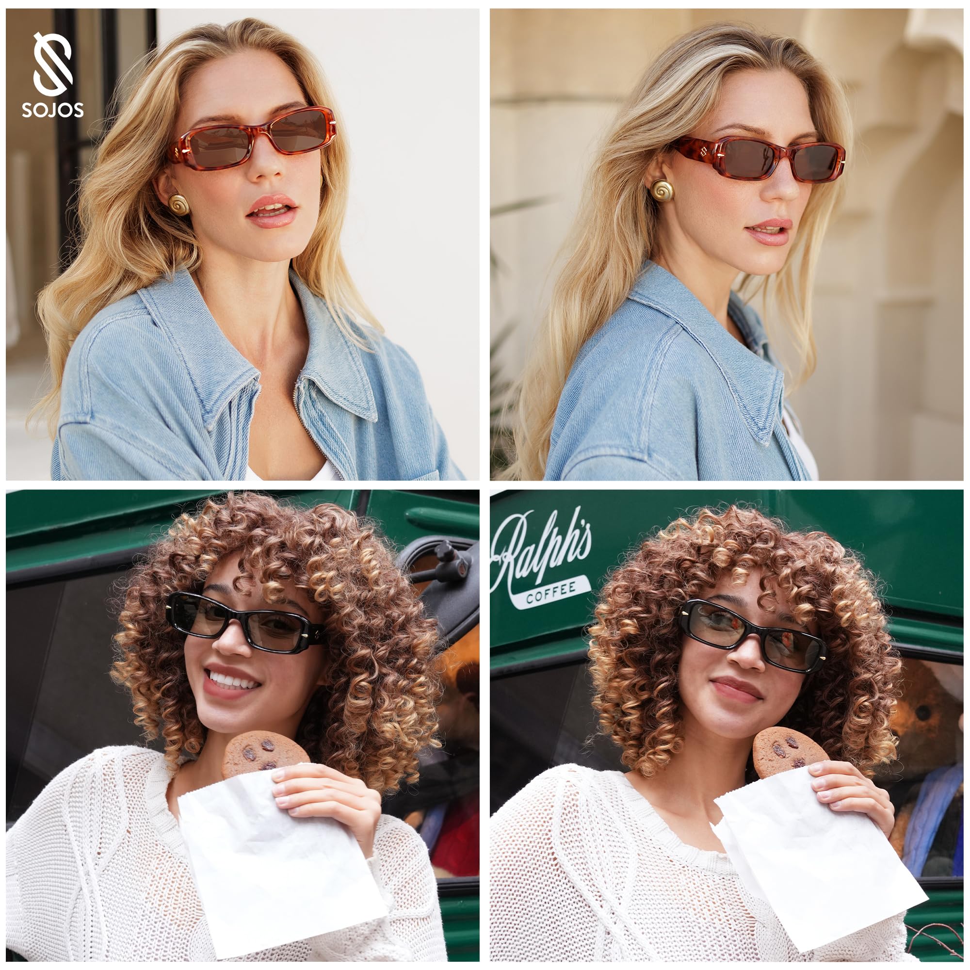 SOJOS Retro Rectangle Polarized Sunglasses Women Men 90s Sunnies UV Protection Womens Mens Sun Glasses SJ2366, Chocolate Frame/Purple&Red Grading Lens