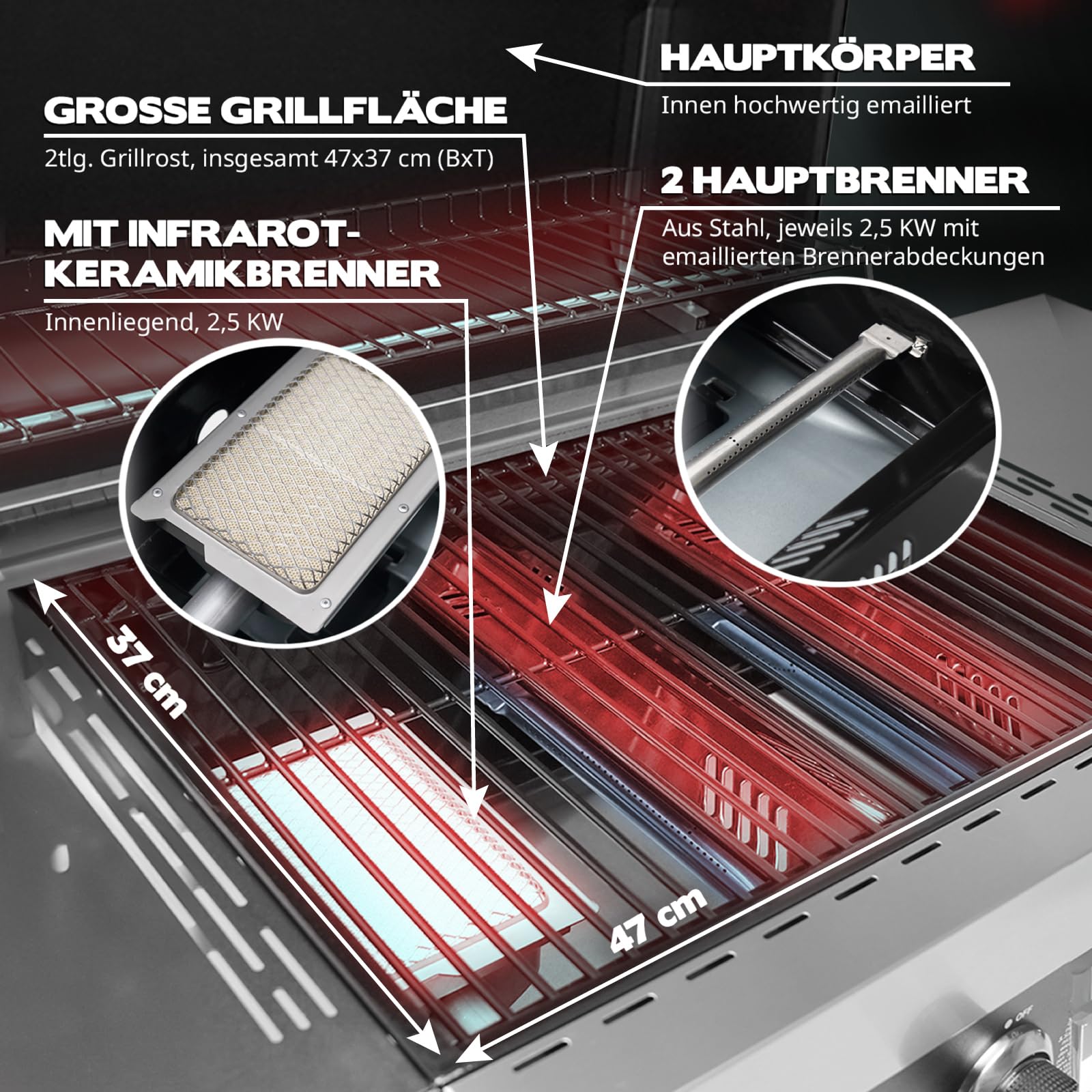 TAINO WABAYA 3+0 Gasgrill Grillwagen 3 Brenner Keramik Sear-Burner Piezo-Zündung Thermometer Warmhalterost Schwarz Matt