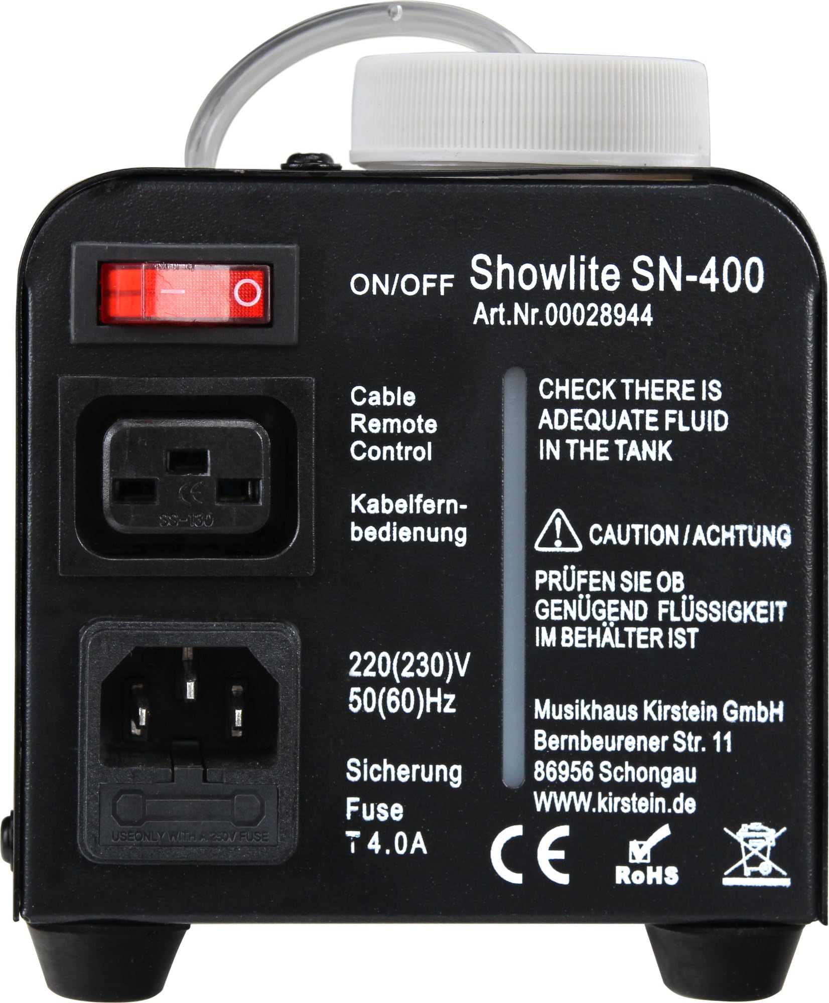 Showlite SN-400 Machine à fumée avec télécommande (seulement 3 minutes de préchauffage) - Effet de brouillard adapté aux discothèques - Compact et peu encombrant avec une puissance de 400 watts