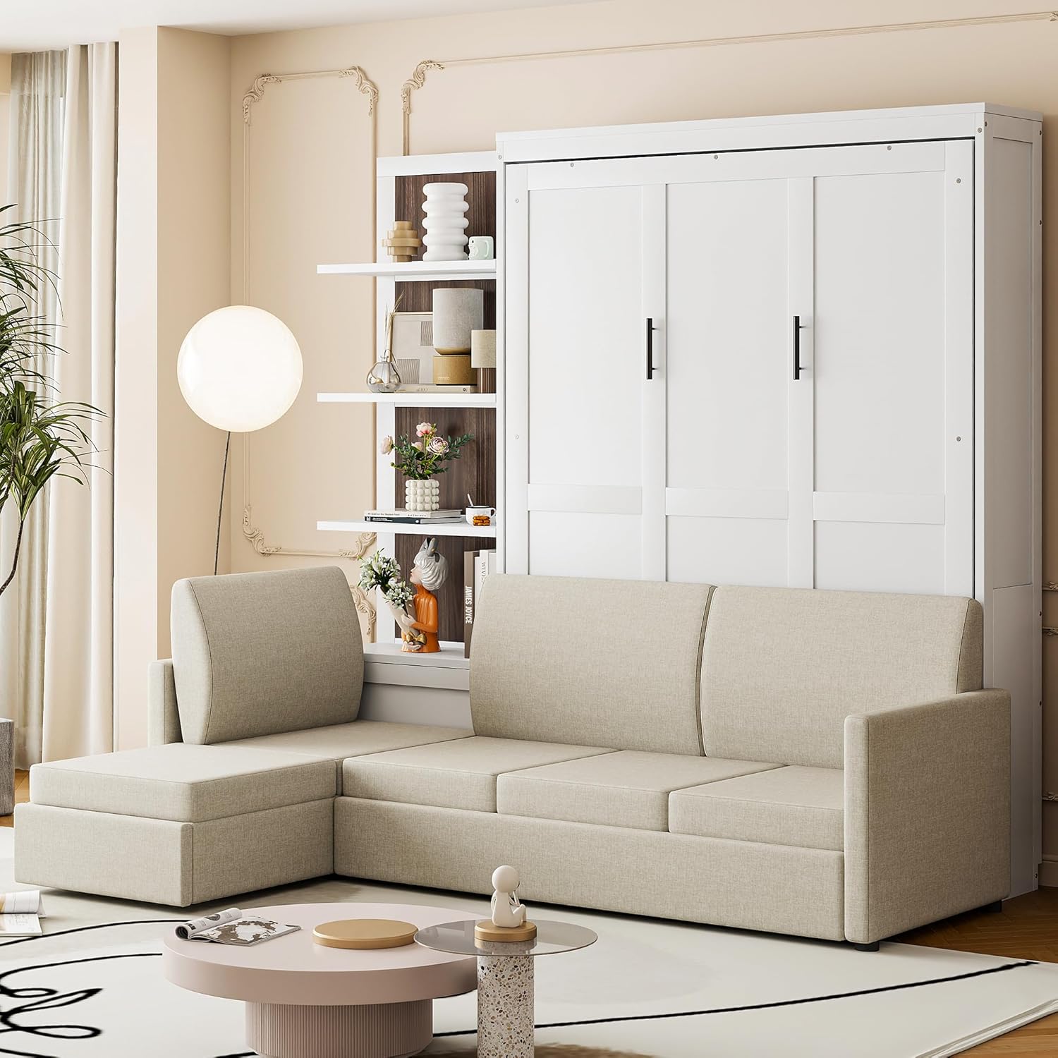 Harper & Bright Designs Queen Size Murphy Bed, Wood Queen Wall Bed with Sofa and Shelves, White