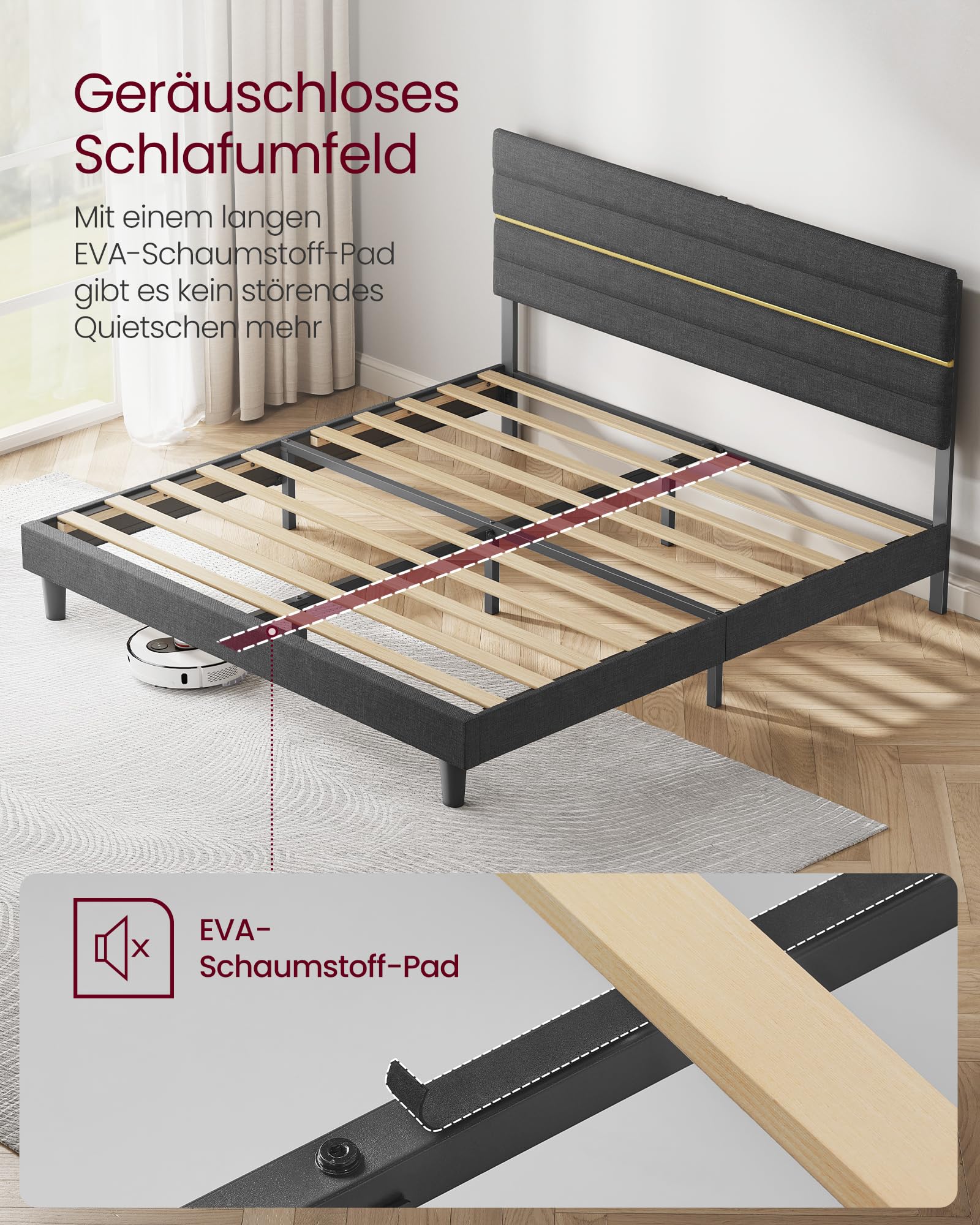 VASAGLE Polsterbett, Bettgestell, Doppelbettgestell, passend für 180 x 200 cm Matratze, verstellbares gepolstertes Kopfteil, Bettrahmen, Metall, Massivholz, modern, schiefergrau RMB508G01