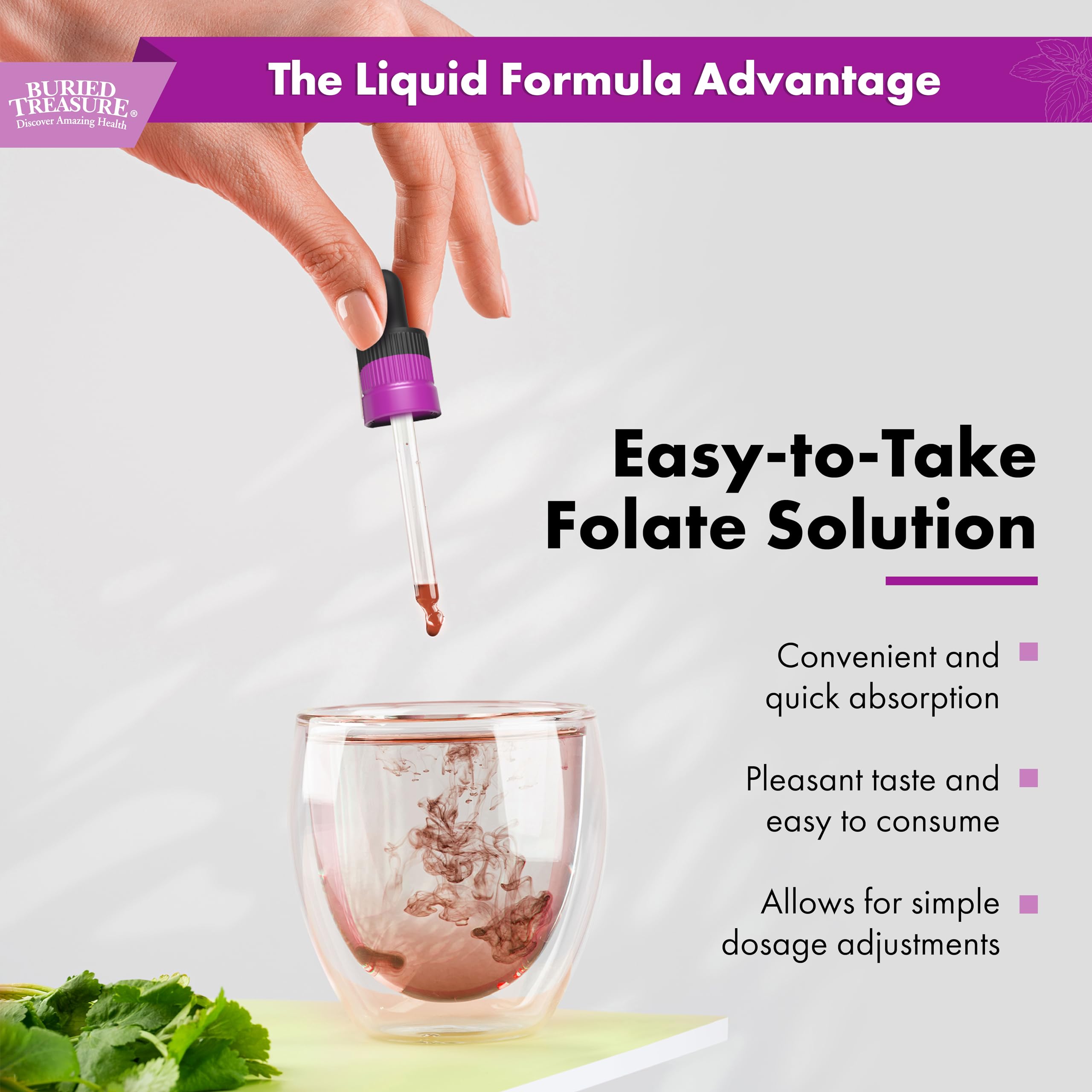 Buried Treasure Folate Drops - Methylated B-9 (Calcium L-5 Methyltetrahydrofolate), Supports Energy Production, Heart Health, and Pregnancy, 5-MTHF Supplement Vegan Safe, 120 Servings — Amazon image 3