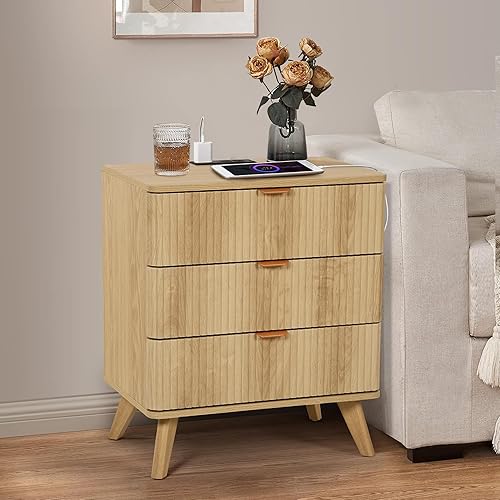 Miniatura 9 de Mesita de noche blanca con 3 cajones con puerto USB y tomas de corriente, mesita de noche con estación de carga y luces LED, mesita de noche con 3