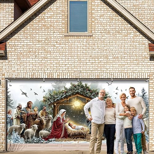 Miniatura 20 de Wesiti Cubierta de Navidad para puerta de garaje, 6 x 13 pies, cartel religioso de Jesús Feliz Navidad para puerta de garaje, telón de fondo