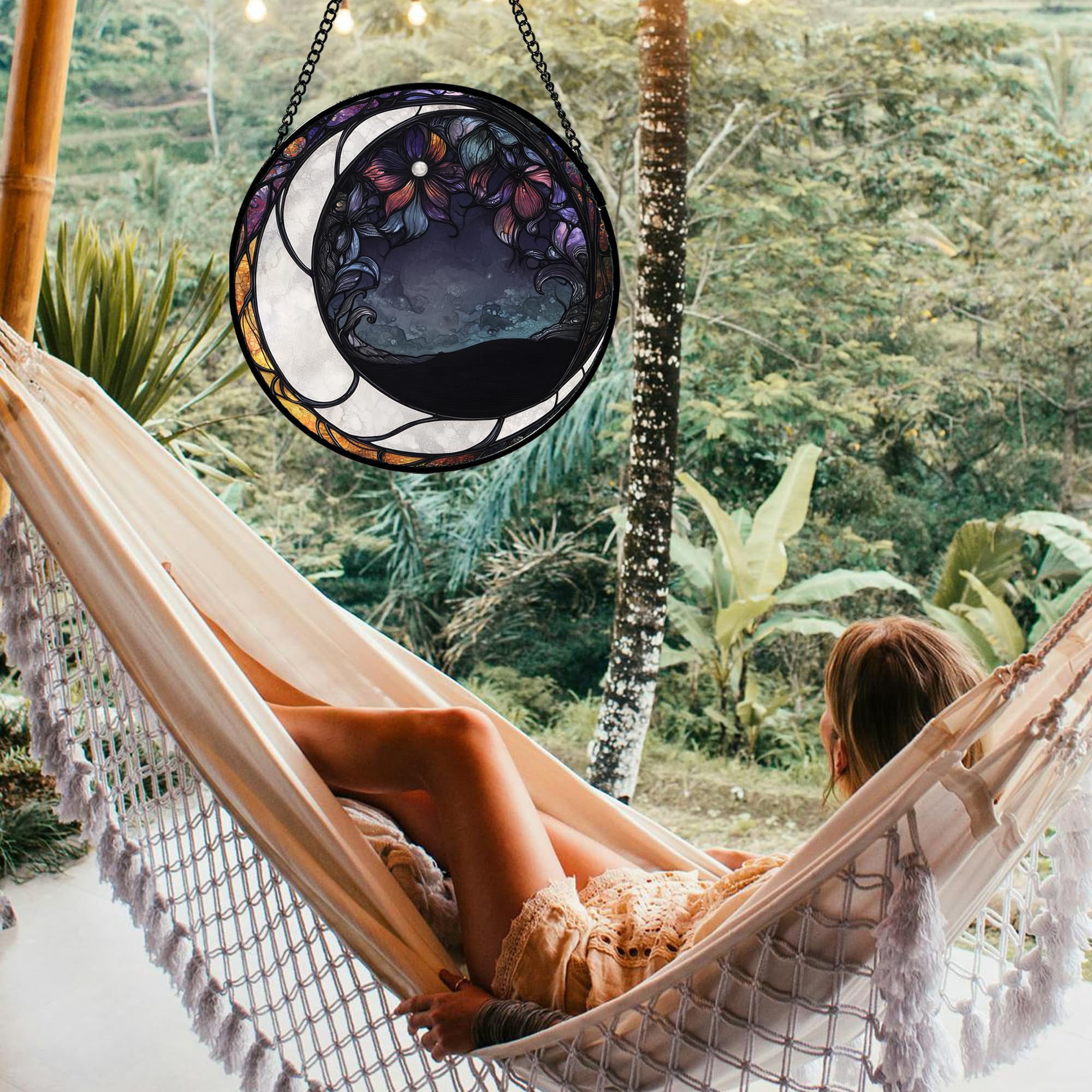 JOSUMALY Stained Glass Window Hanging - Black and White Moon Sun Catcher for Door Terrace Garden Home Decor, Abstract Plant Flower Suncatcher Birthday Gifts for Lovers Women Men Dad Mom Nana 6.3 in