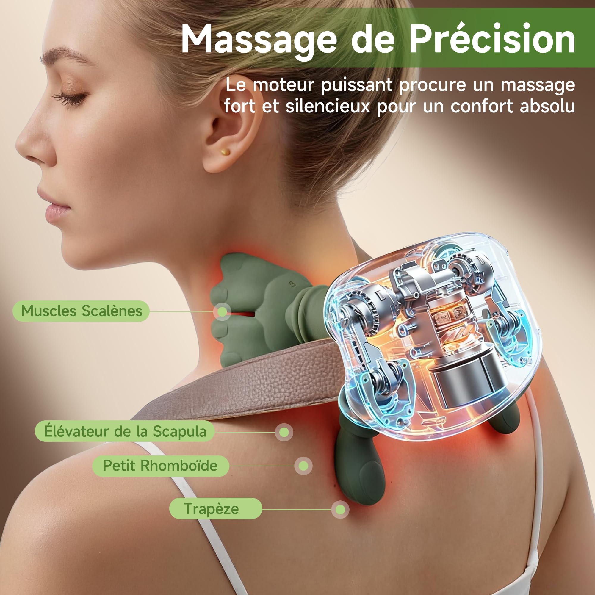 Masseur Dos et Cervicales 4D à Main Bionique, Masseur Cervical Électrique avec 3 Niveaux d’Intensité et 2 Niveaux de Chaleur, Massage Profond pour Détendre les Muscles, Soulage Douleurs et Fatigue