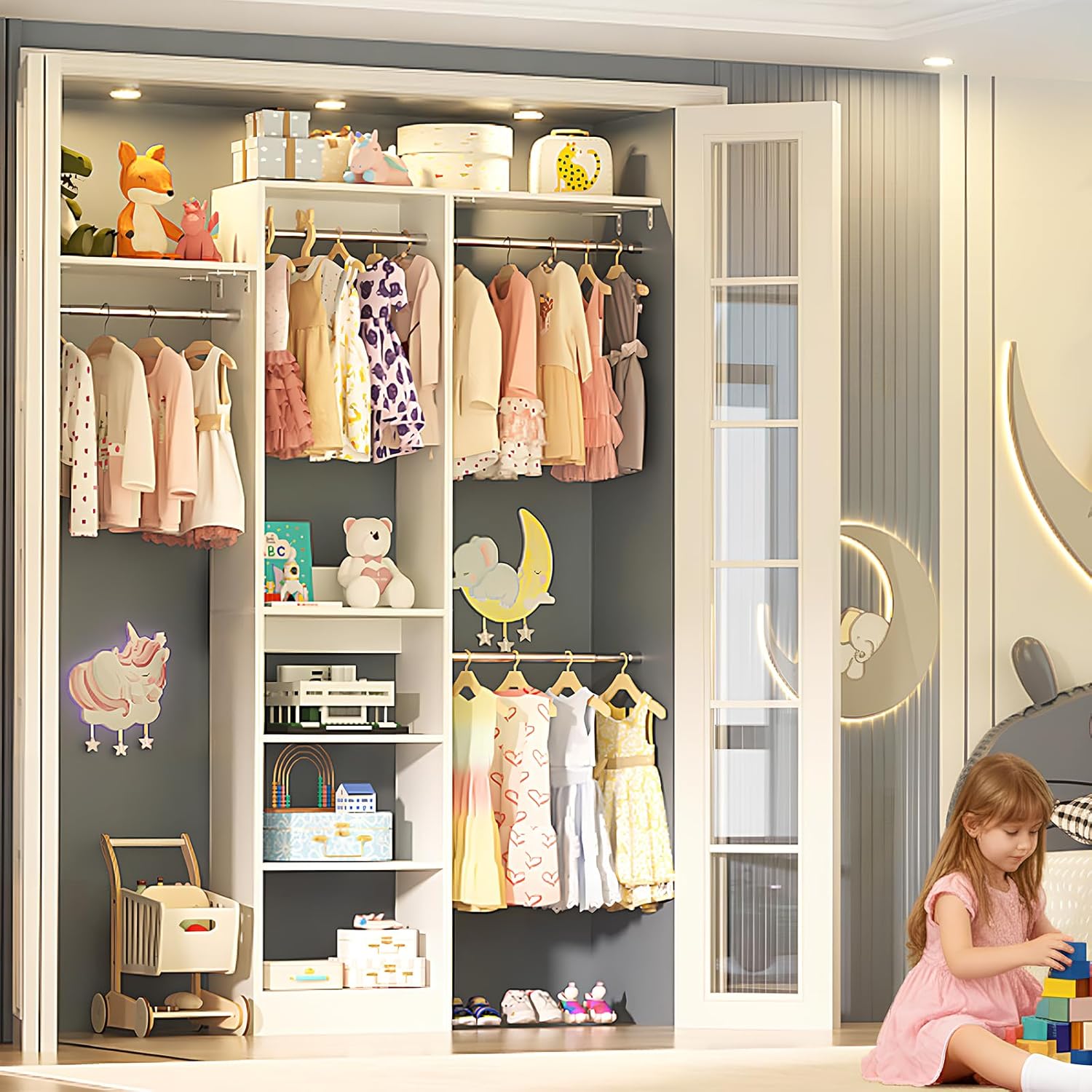 48" Closet Organizer System, 4FT Closet System for Small Closets with 4 Hanging Rods & 3 Shelves, 80"H Small Closet Organizers and Storage for Bedrooms, Cloakrooms, White