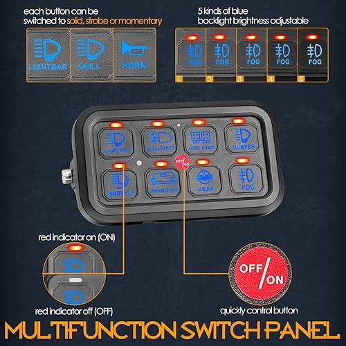 Miniatura 10 de Nirider - Panel de interruptor de 8 bandas, regulable, estroboscópico momentáneo, multicolor, panel de interruptor RGB de 12 V, sistema de control