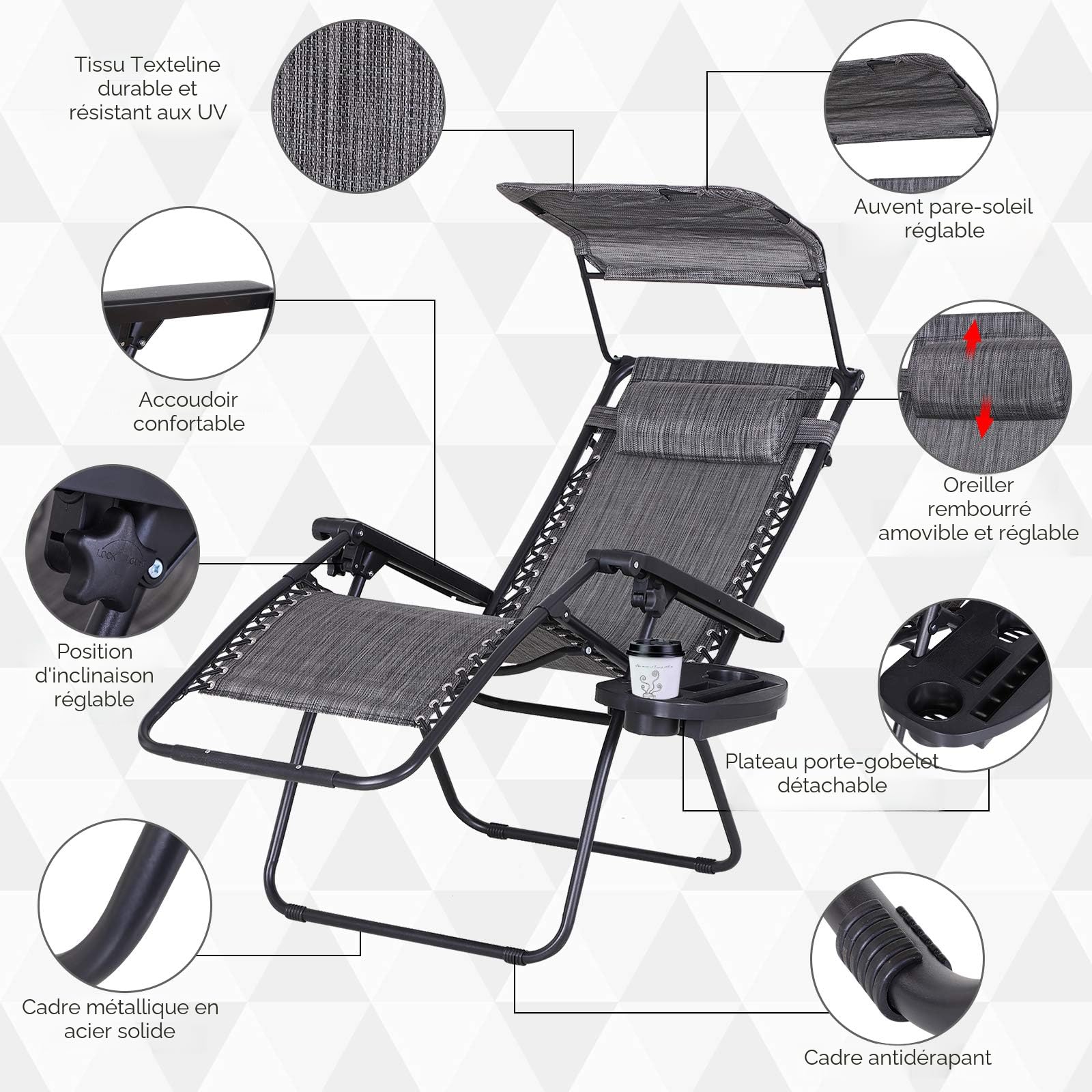 Goplus Chaise longue pliante zéro gravité large pour extérieur, plage, terrasse, piscine avec