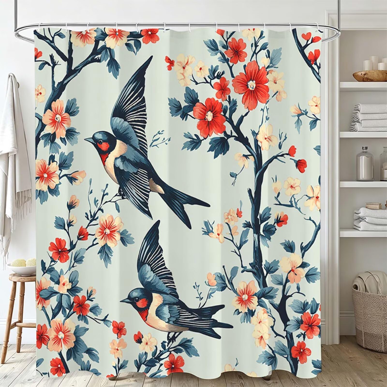 Tenda Doccia 230x180cm azzurro Tenda per Doccia con 12 Anelli, Bordo Ponderato, Polyester Tessuto Lavabile, Asciugatura Rapida, Facile da Pulire, per Bagno Dormitorio Hotel uccello J-633