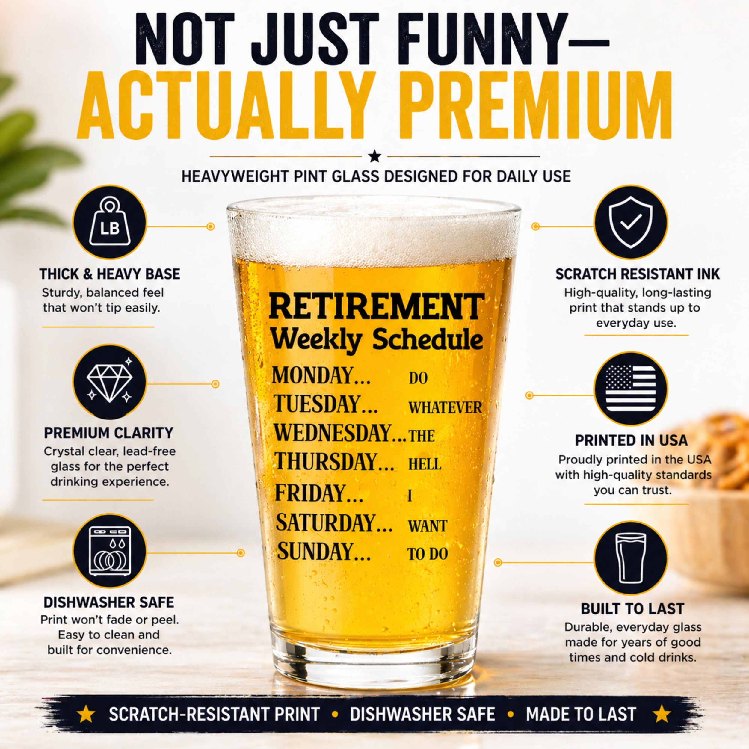 Regalos de jubilación para hombres, vaso de cerveza de calendario semanal de jubilación, divertido vaso de cerveza único regalo de jubilación para papá, abuelo, amigos, familia y compañeros de