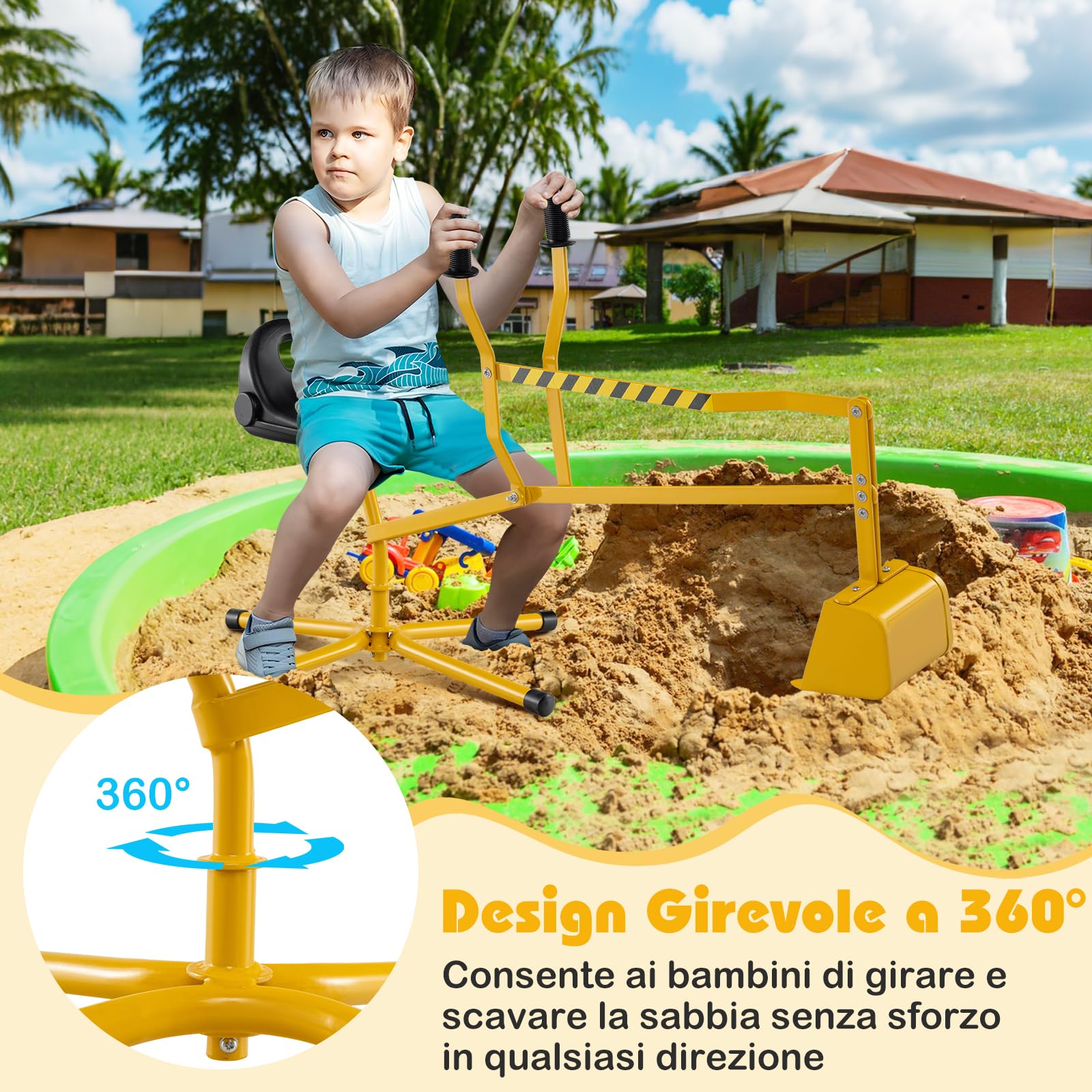 RELAX4LIFE Ruspa Escavatore Cavalcabile per Sabbiera con Sedile Girevole a 360°, Pala Flessibile, Schienale Ergonomico, 3 Anni+