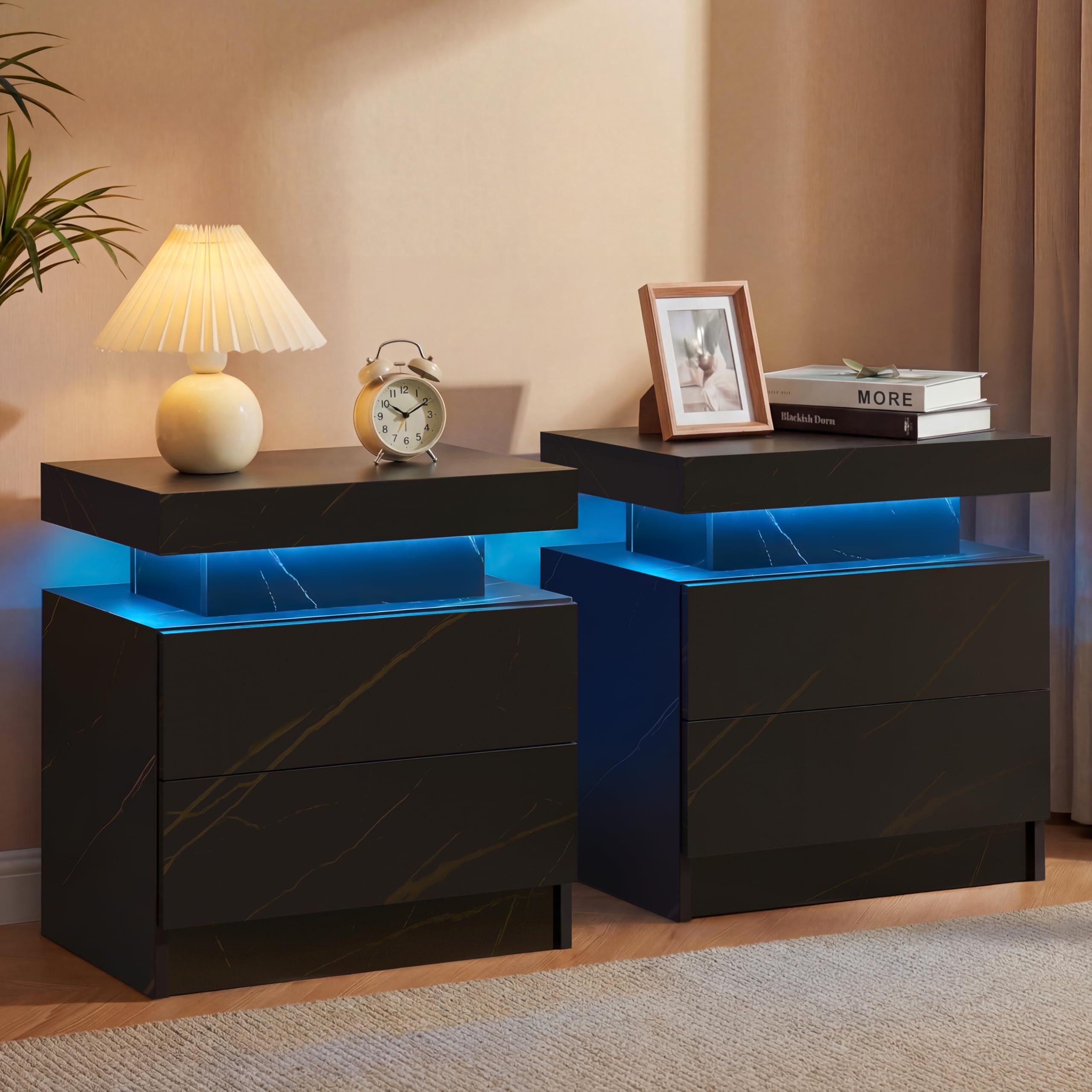 Cubehom LED Bedside Table with 2 Drawers Modern Bedside Table LED Nightstands for Bedroom (Black Gold, 2PCS)