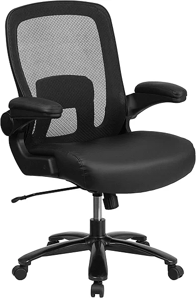 Flash Furniture Big & Tall Swivel Office and Gaming Chair with LeatherSoft Seat, Mesh Office Chair with Flip-Up Armrests and Adjustable Height, Black