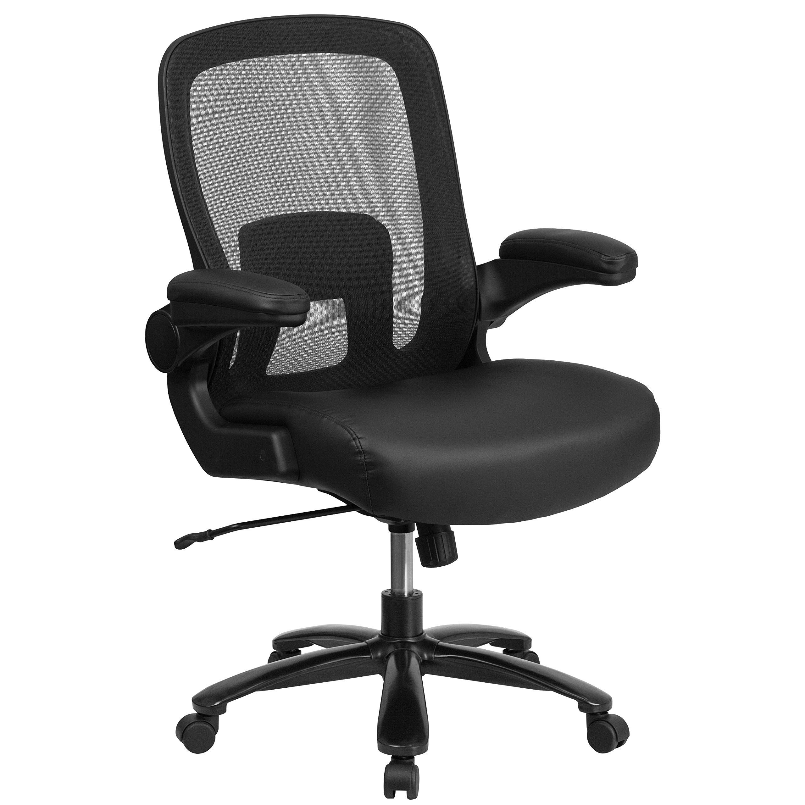 Flash FurnitureBig & Tall Swivel Office and Gaming Chair with LeatherSoft Seat, Mesh Office Chair with Flip-Up Armrests and Adjustable Height, Black