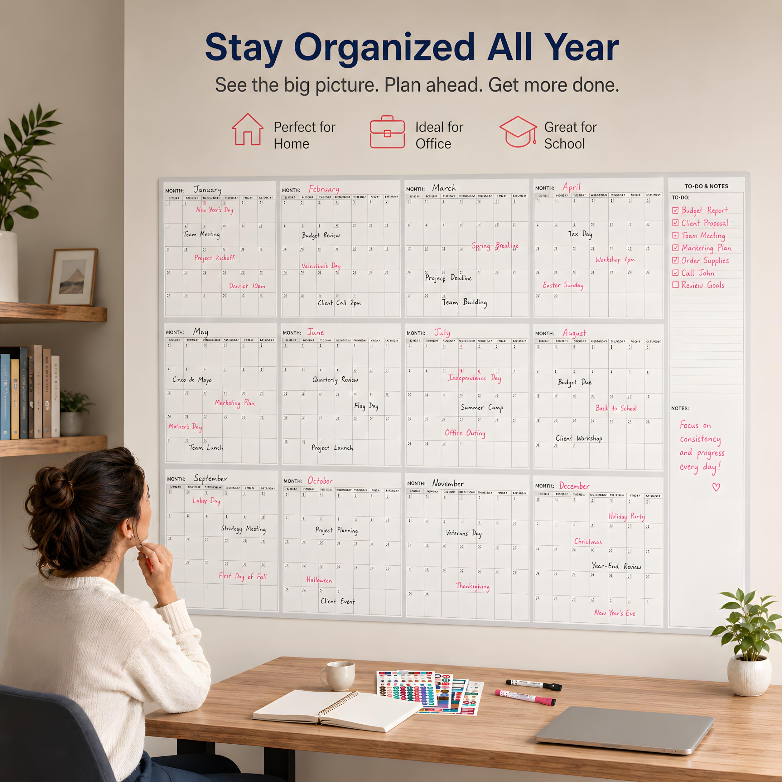 Calendario da parete extra large cancellabile a secco, 139,7 x 86,4 cm, non datato, 12 mesi, cancellabile a secco, riutilizzabile, planner mensile verticale cancellabile per casa, ufficio, scuola