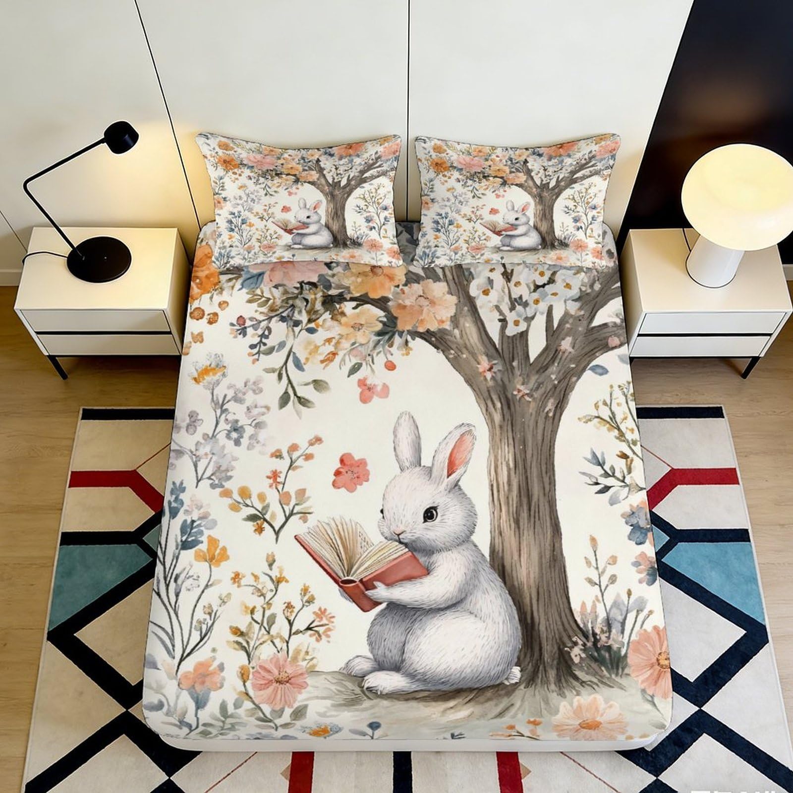 3D Printed Forest Rabbit Fitted Sheet Microfiber Deep Pocket Elastic Hem Woodland Rabbit Mattress Fitted Cover Breathable Home Bedding 120x200x25cm