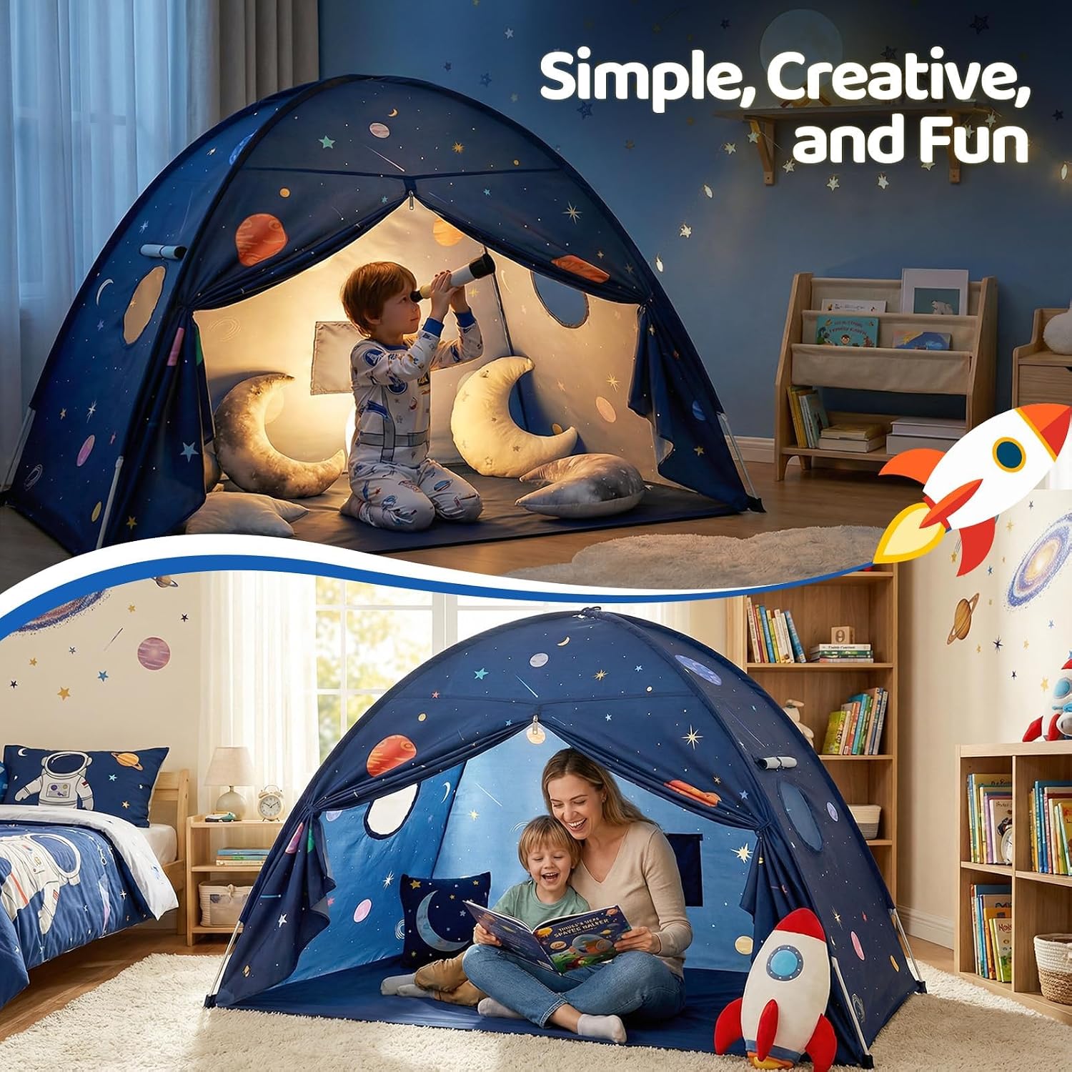 Sumbababy Space Kids Bed Tent for Boys, Galaxy Twin Size Bed Tents Canopy for Kids Indoor Privacy Sleeping – Queen Size Toddler Blackout Bunk Tents for Birthday Christmas Castle Gift Toy, Blue