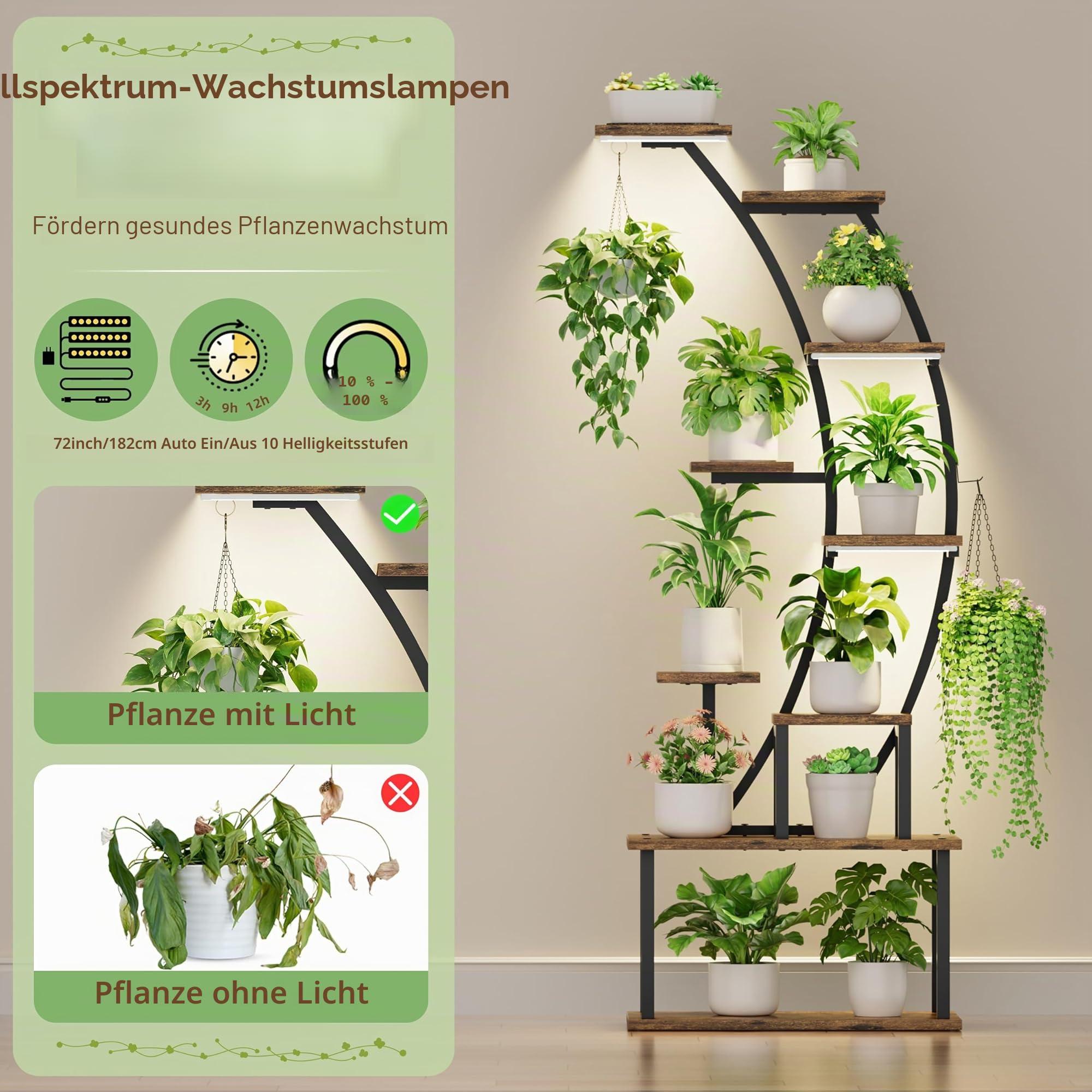 BACEKOLL Pflanzenregal mit Wachstumslicht - 9 Ebenen Blumenständer 160cm Metall Holz Pflanzenständer - Innen & Außen Blumentreppe - Dekoratives Schwarz Blumenregal für Innen Garten Balkon