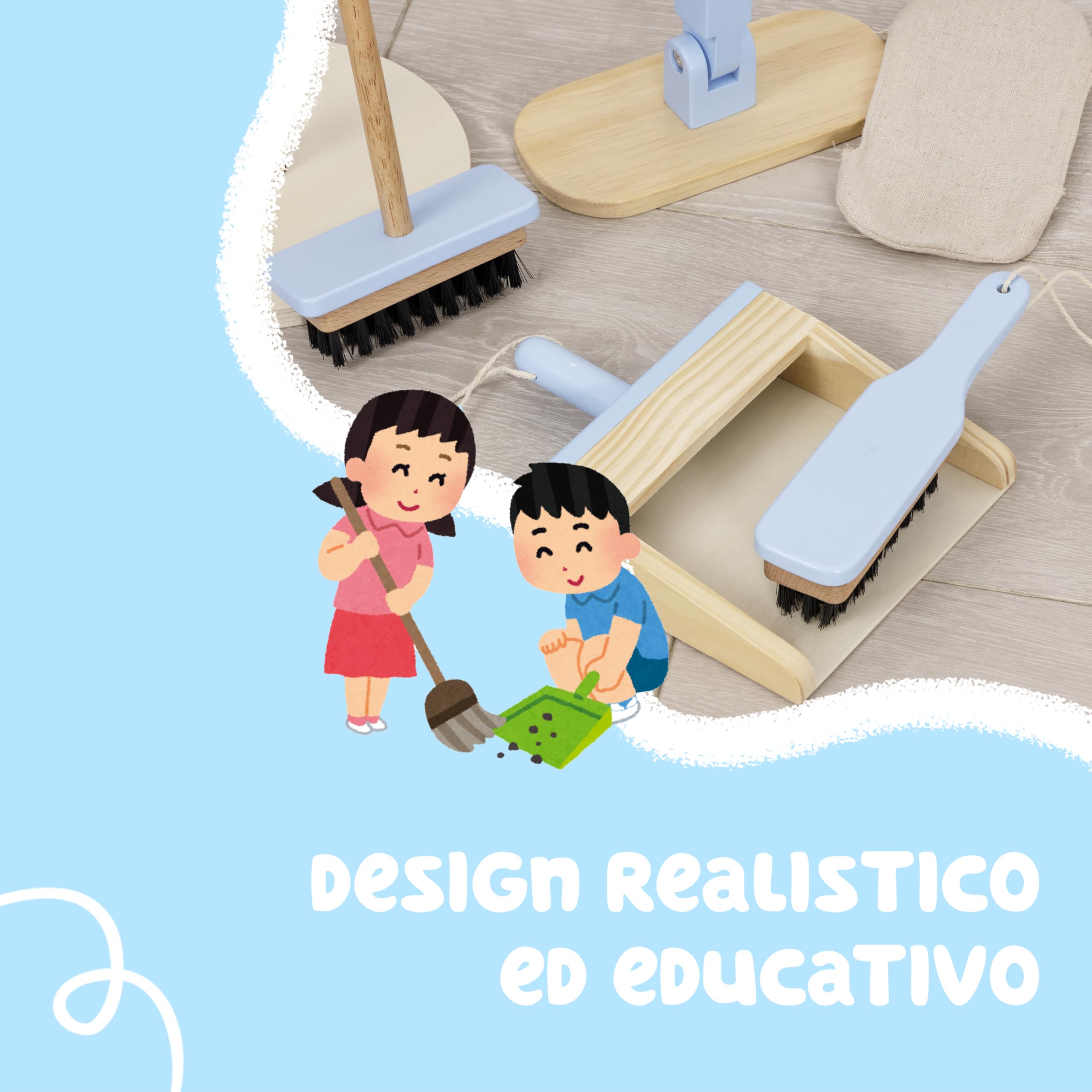 Baroni Toys Set Pulizia in Legno Montessori, 4 Pezzi con Supporto, Gioco Educativo per Bambini 3-6 Anni, Include Scopa, Paletta, Mocio e Spazzola, Facile da Montare e Leggero, 17x18x59 Cm