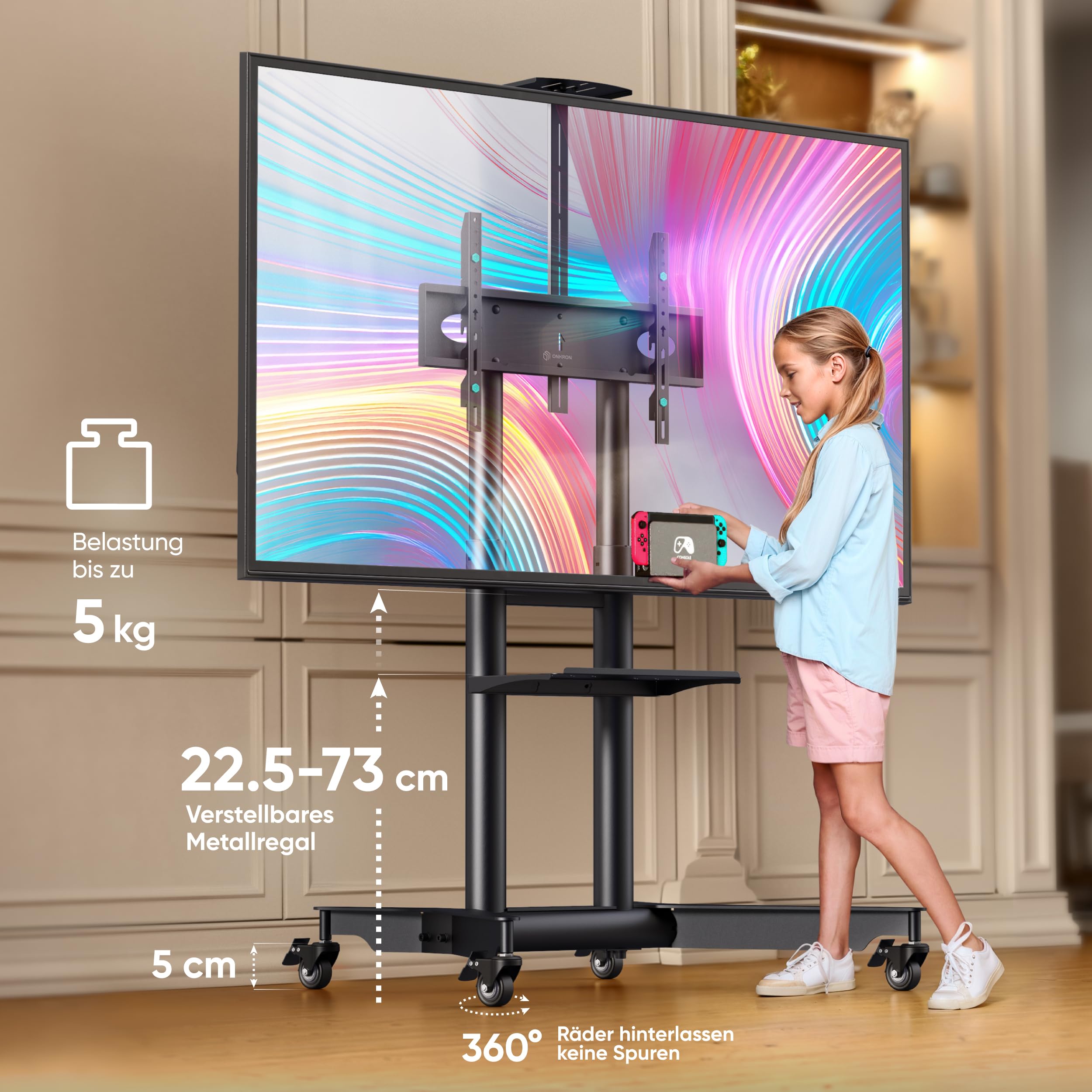 ONKRON TV Ständer rollbar für 32-75 Zoll Fernseher, max Last 60 kg, professioneller TV Standfuss höhenverstellbar mit Ablage, max VESA 600x400, Wagen Fernsehständer mit Rollen Schwarz TS1571-B