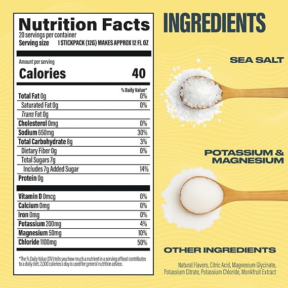 BUBS Naturals - Hydrate or Die Electrolytes Powder Packets for Fast Absorption | Premium 2000mg Electrolyte Powder | for Sports, Recovery & Well-Being (Natural Lemon Flavor, 20 Sticks)