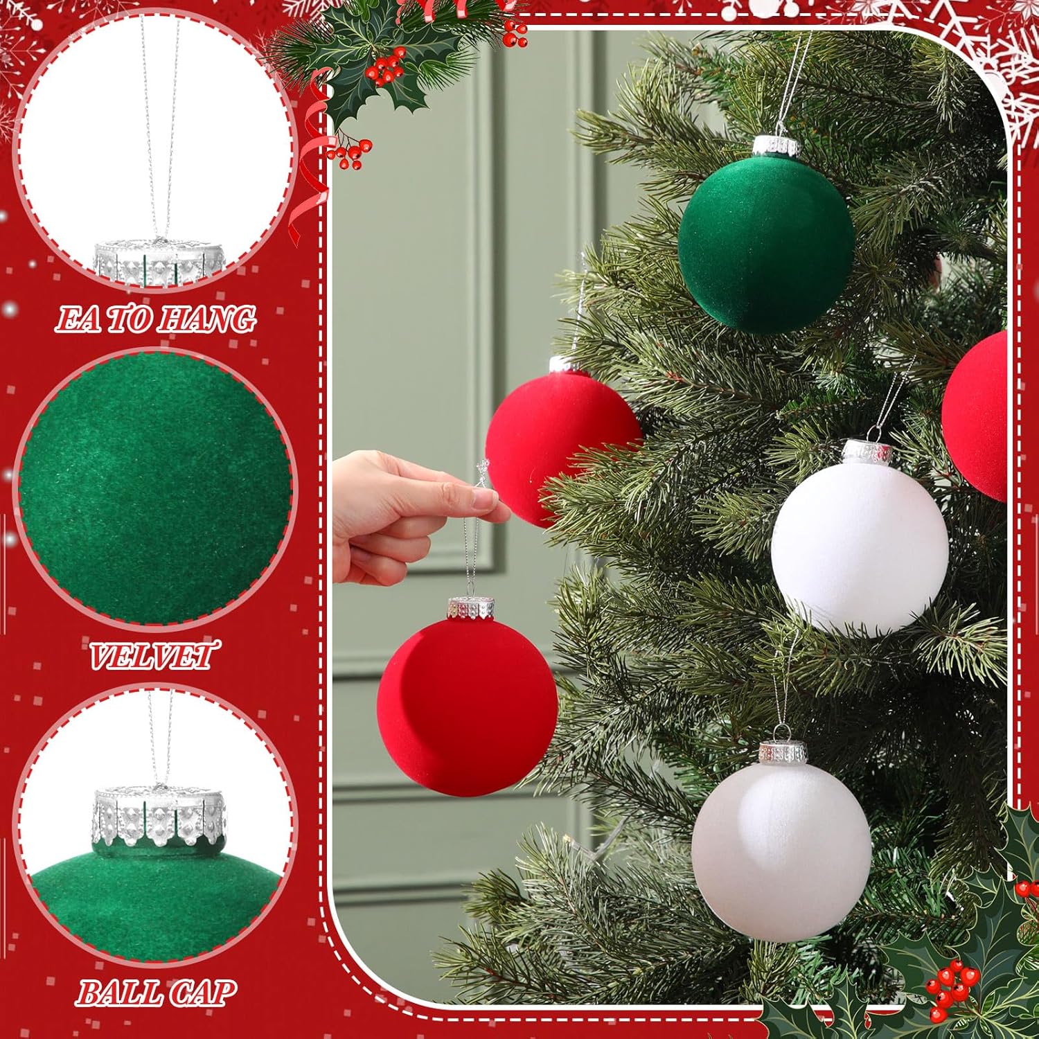 Liliful 12 Pcs Christmas Ball Ornaments Large 4'' Christmas Ornaments Xmas Shatterproof Tree Decorations Extra Large Outdoor Hanging Plastic Balls(Red,Green,White,Velvet)