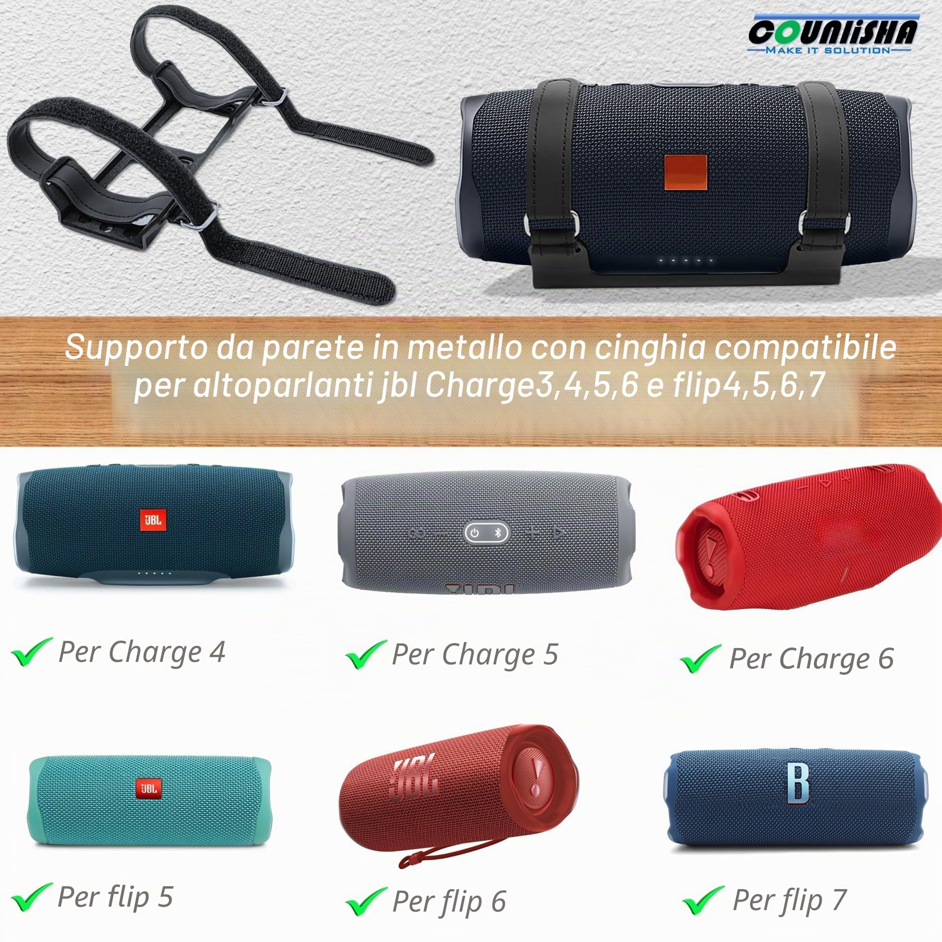 Supporto da parete in metallo compatibile con jbl Charge 6/Charge 5,4,3/Flip 7/Flip 6,5,4, supporto sicuro per mensola con cinghie in pelle regolabili, staffa da parete per altoparlante per