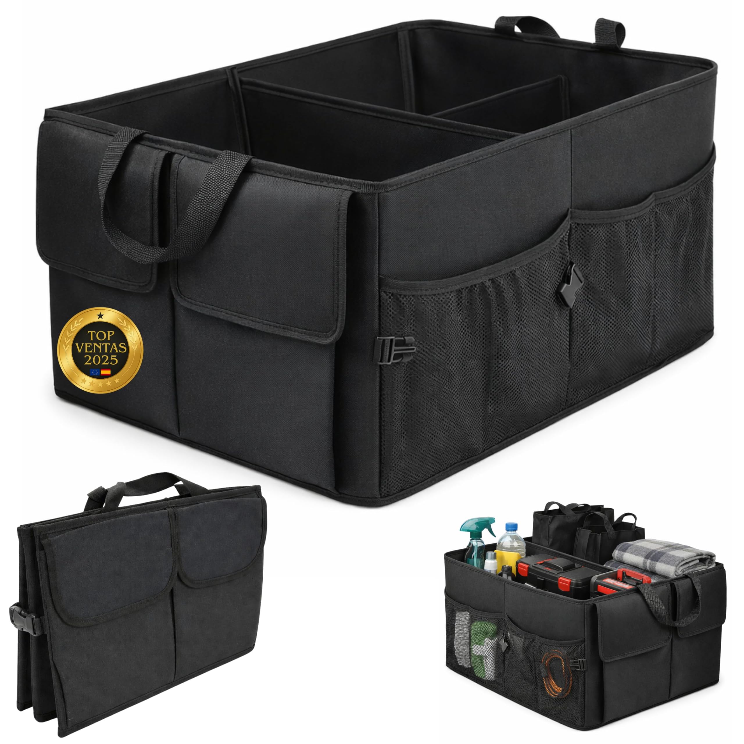 Organizador Maletero Coche Plegable - Flexible - Impermeable | 3 Compartimentos y 6 Bolsillos │ Asas Reforzadas │ Tamaño Adecuado para Coche, SUV o Furgoneta │ Mantén el Maletero Ordenado