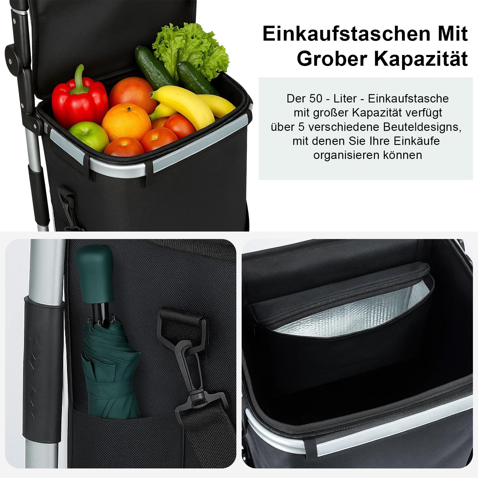 Einkaufstrolley 64 L, klappbarer Einkaufswagen mit Aluminiumrahmen, bis 60 kg Tragkraft, große Rollen & höhenverstellbarer Griff, Faltbare Einkaufstasche mit Kühltasche