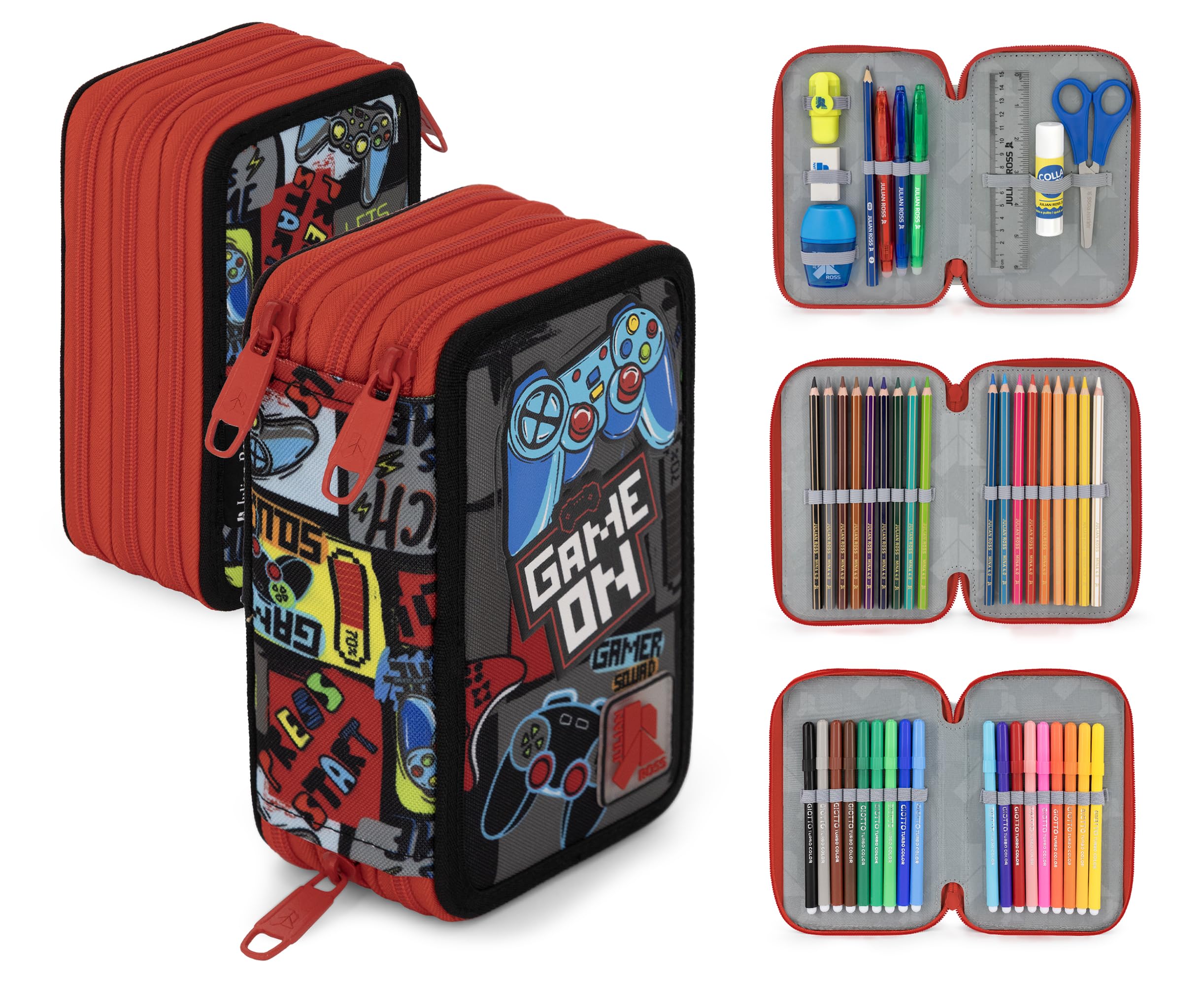 Pack Escolar 5 Piezas Niño - Mochila Ergonómica Primaria (6-12 Años), Estuche 3 Cremalleras Lleno, Agenda, Botella Térmica y Estuche Tubular - Set Regalo Vuelta al Cole (Gamer Squad)