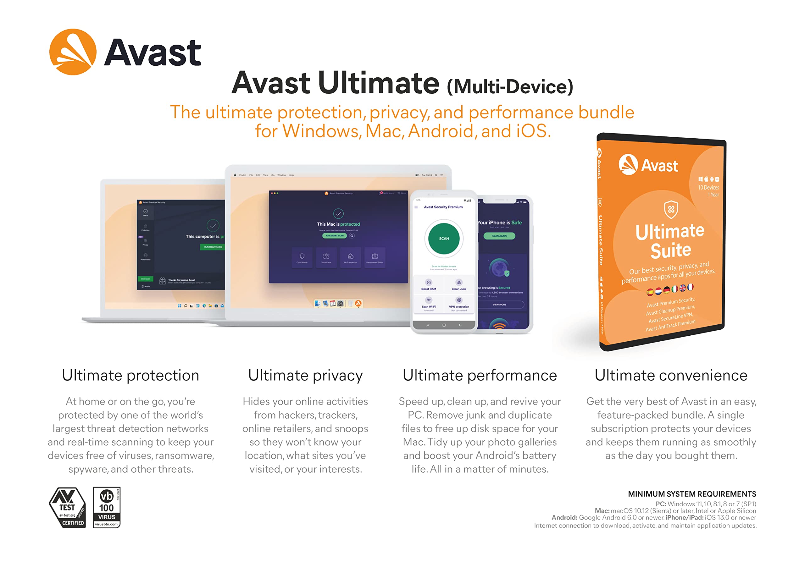 Avast Ultimate 2026 - Antivirus Avast Premium Security con Avast SecureLine VPN, Avast Cleanup Premium y Avast AntiTrack | 10 Dispositivos | 1 Año | PC/Mac/Android/iOS