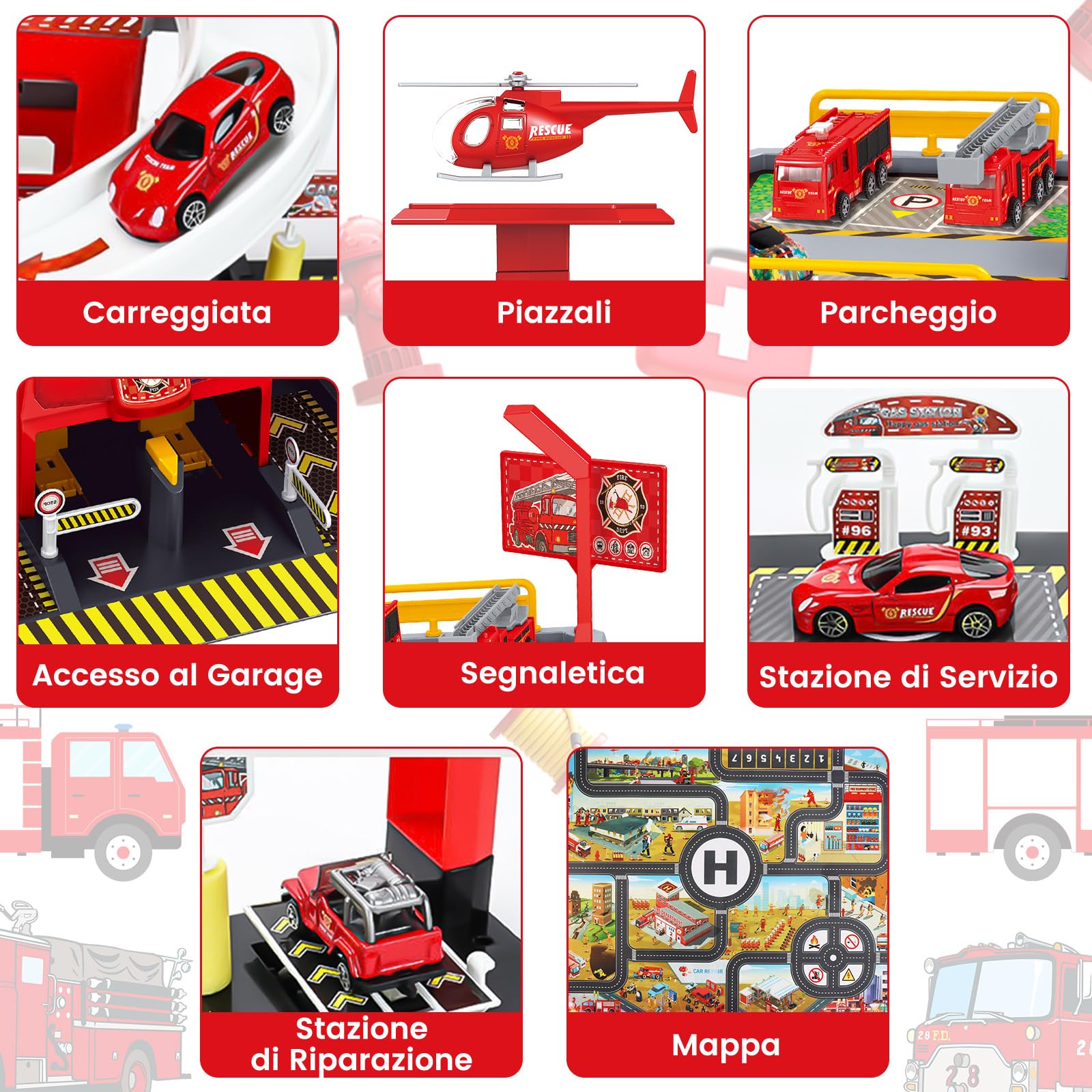 BuzzoXerex 5 Piani Garage Mmacchine per Bambini, Parcheggio Macchinine con 14 Autos e 2 Elicottero, Giocattolo Auto Garage con Ascensore e Rampe, Idea Regalo per Bambini 5 6 7 8 9 Anni (Rosso)