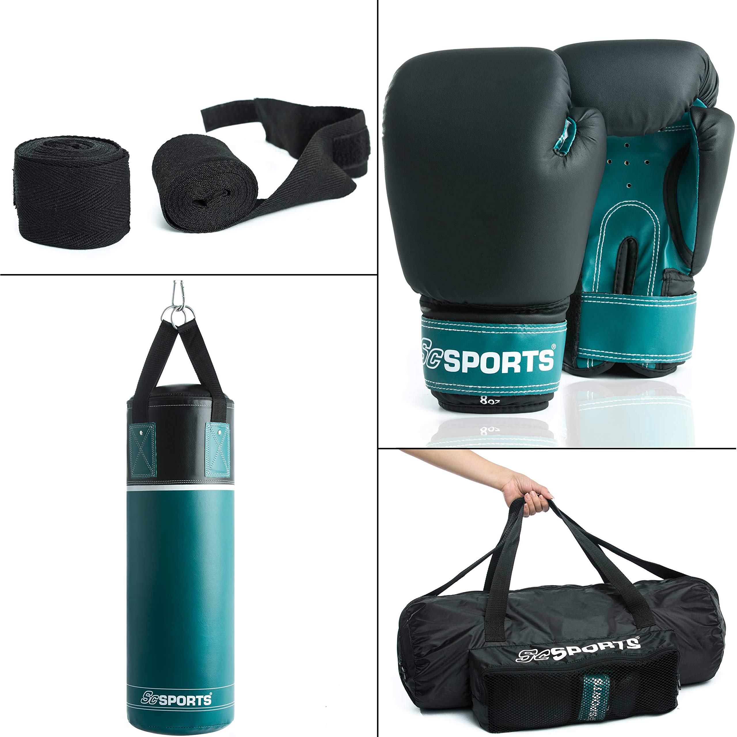 ScSPORTS Boxsack-Set, für Kinder und Jugendliche, Box-Set mit Boxhandschuhen, Boxbandagen und Tasche, 5,5 kg, petrol-blau schwarz