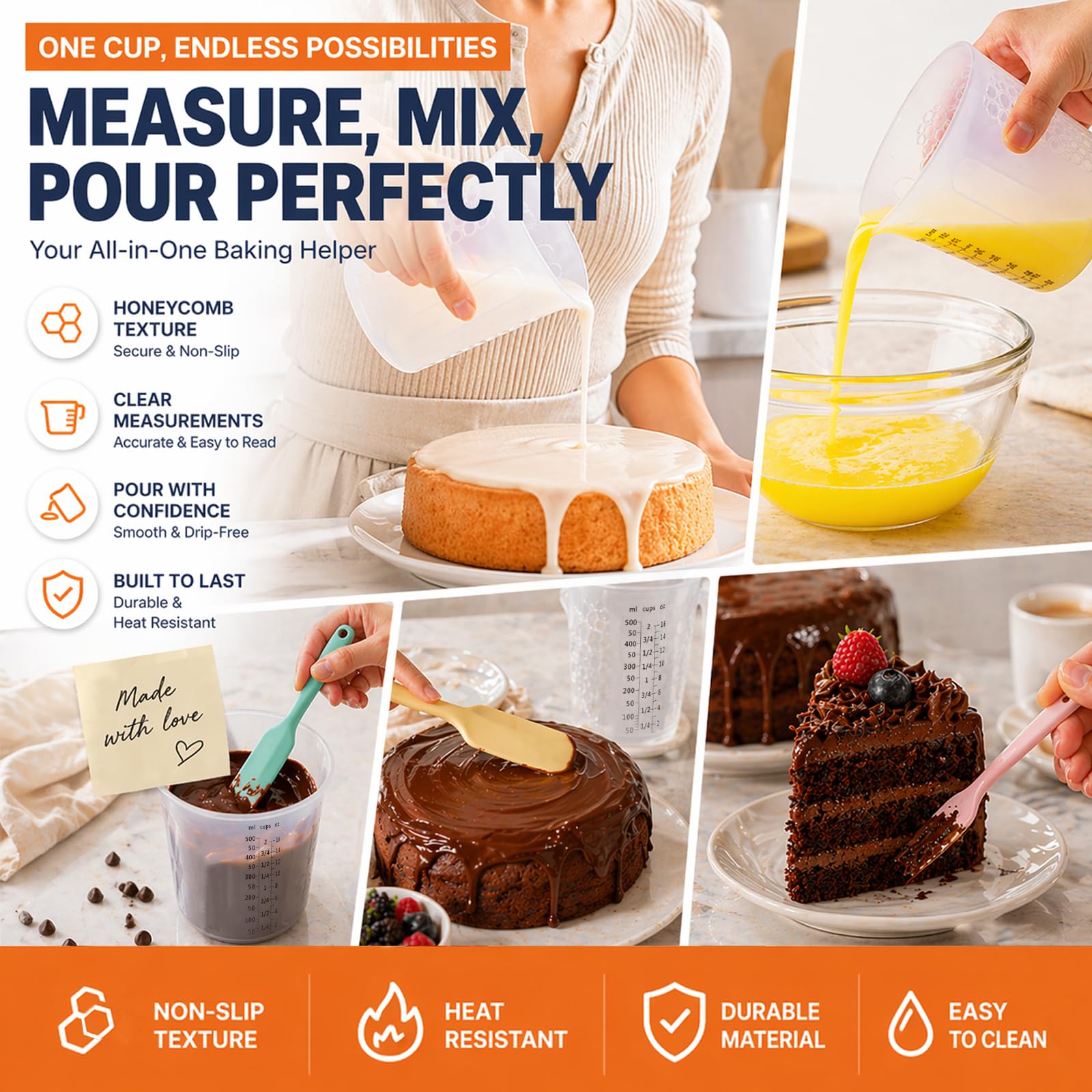 Juego de tazas medidoras de silicona – 250 ml, 250 ml y 500 ml para chocolate y caramelos – Incluye 3 espátulas de tarro, apto para microondas, flexible para hornear
