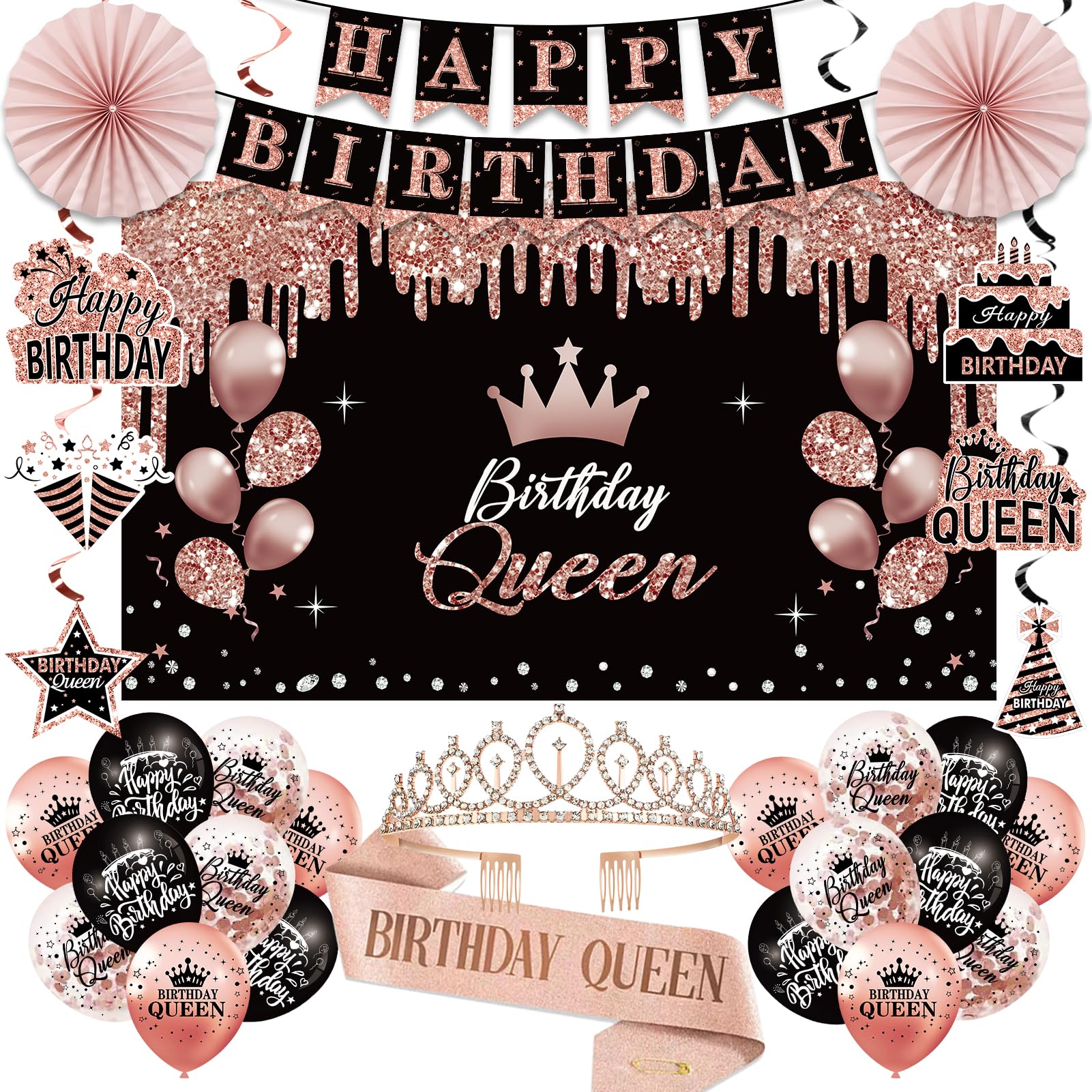Birthday Decorations for Women, 33pcs Birthday Queen Crown and Sash, Black Rose Gold Happy Birthday Banner Balloons Backdrop Hanging Swirls Paper Fans