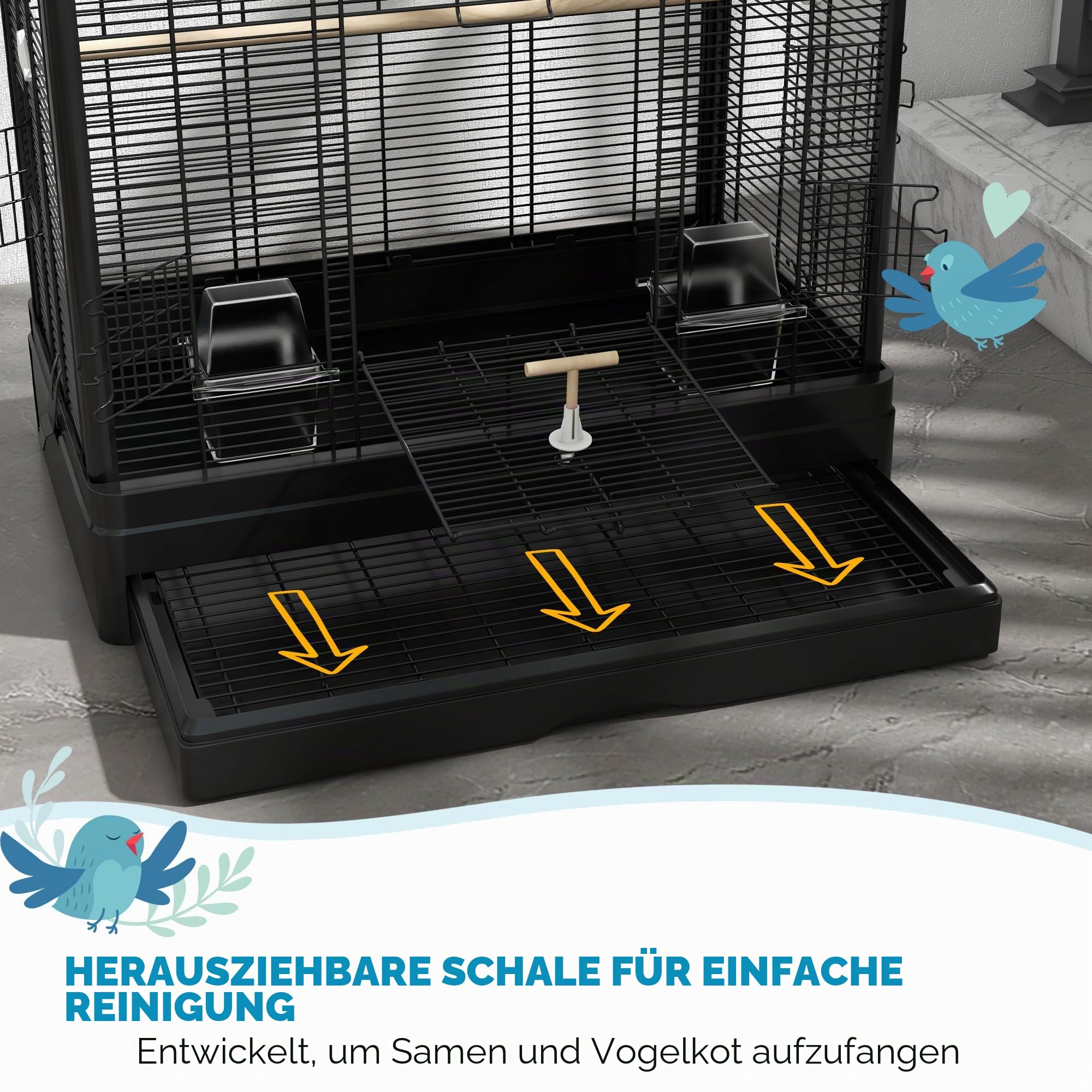 PawHut Vogelkäfig, Voliere mit Türen, Sitzstangen - Käfig für Kanarienvögel Sittiche Papageien - 61 x 36,5 x 98 cm - schwarz