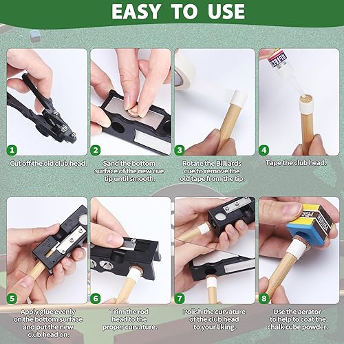 Miniatura 4 de Moldeador de puntas de taco de billar 11 en 1, kit de repuesto de puntas de palo de piscina de aleación de aluminio, kit de reparación de tacos de