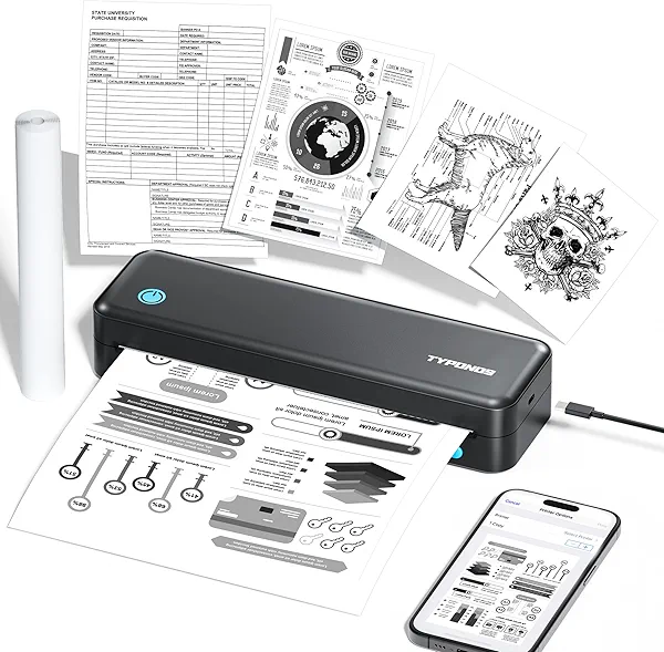 TYPONOS Portable Printers, D820 Wireless Bluetooth Printers Support 2" to 8.5" Width Thermal Paper & 8.5"x11" US Letter Size, Receipt Printers for Home Use Suitable for Phone & PC (Black)
