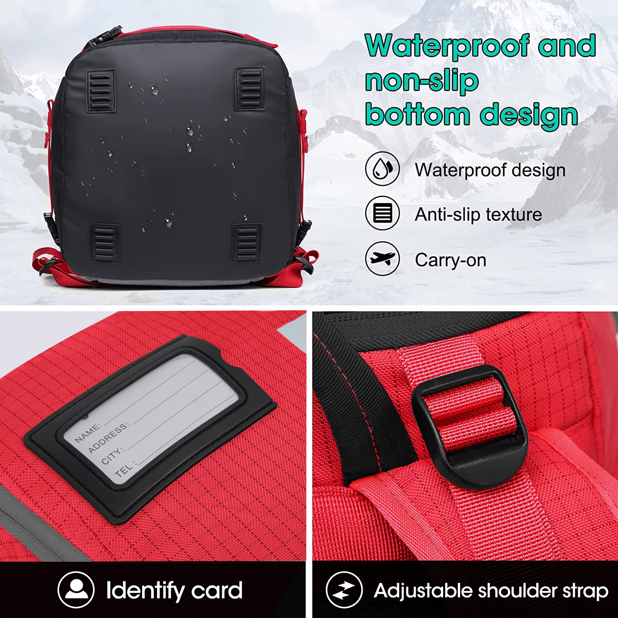 Bolsa para botas de esquí, 55 L, impermeable, para esquí, snowboard, casco de esquí, gafas, guantes y accesorios (rojo)