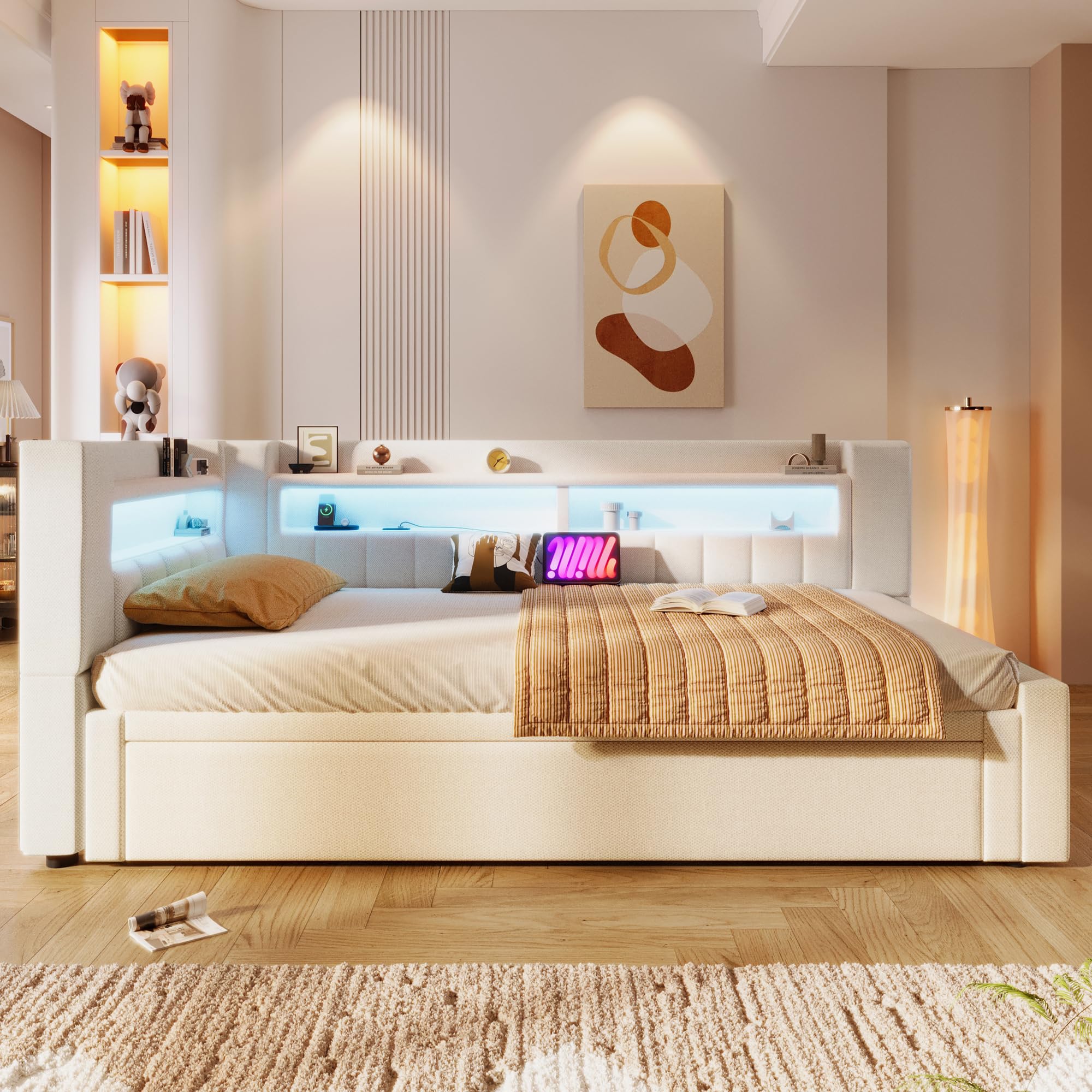 Polsterbett 90/180 x 200 mit LED und USB, Ausziehbares Schlafsofa, Daybett mit Ausziehbett, Sofabett Tagesbett Jugendbett Bettgestell, Leinen, Ohne Matratze, Beige
